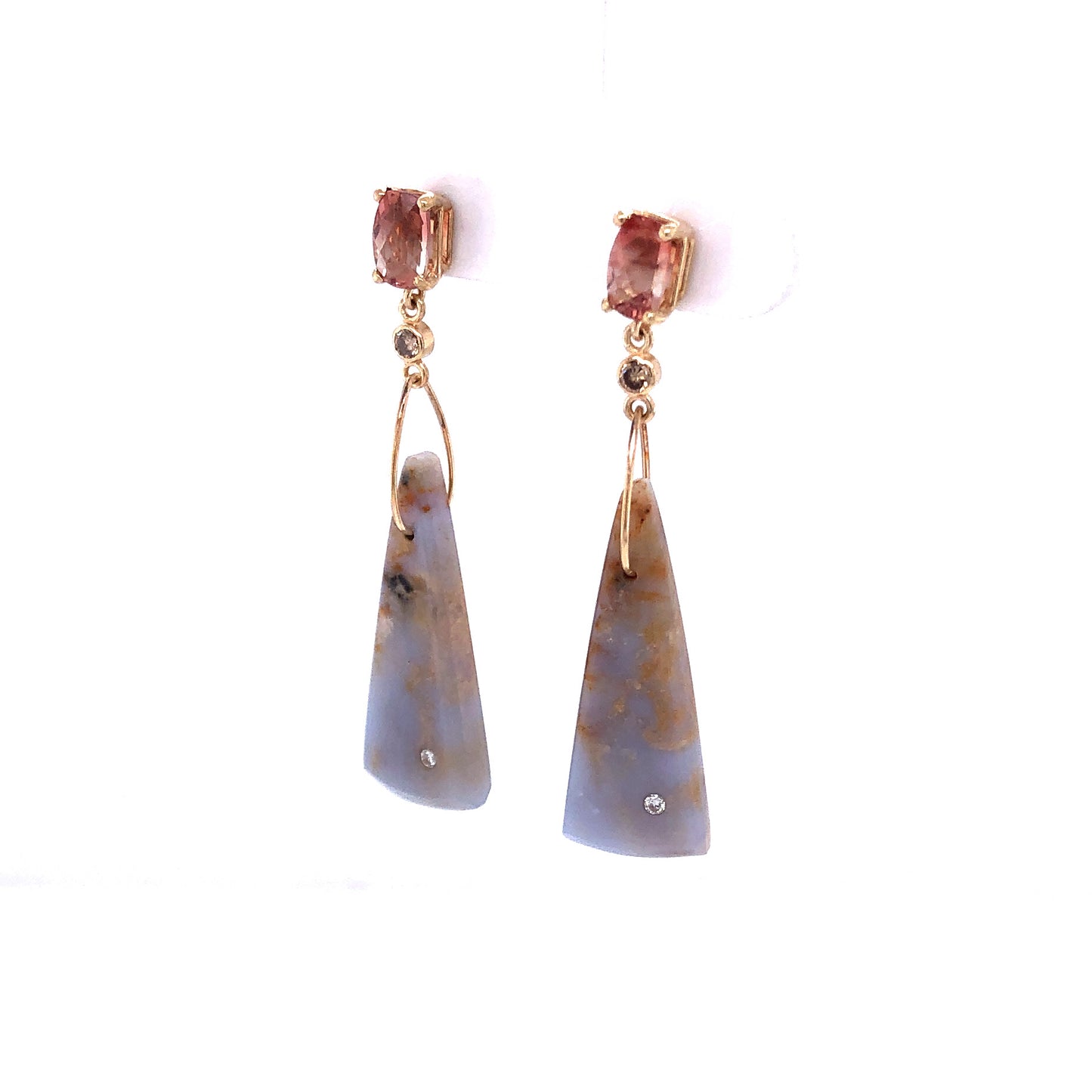 Blue Chalcedony, Sunstone, and Diamond Gold Earrings