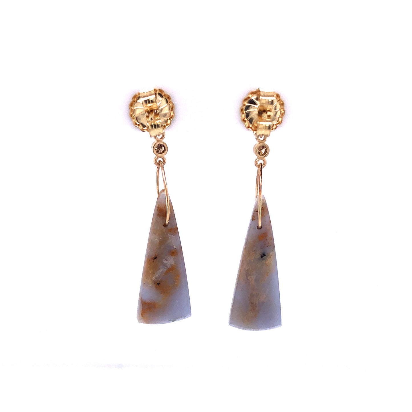 Blue Chalcedony, Sunstone, and Diamond Gold Earrings