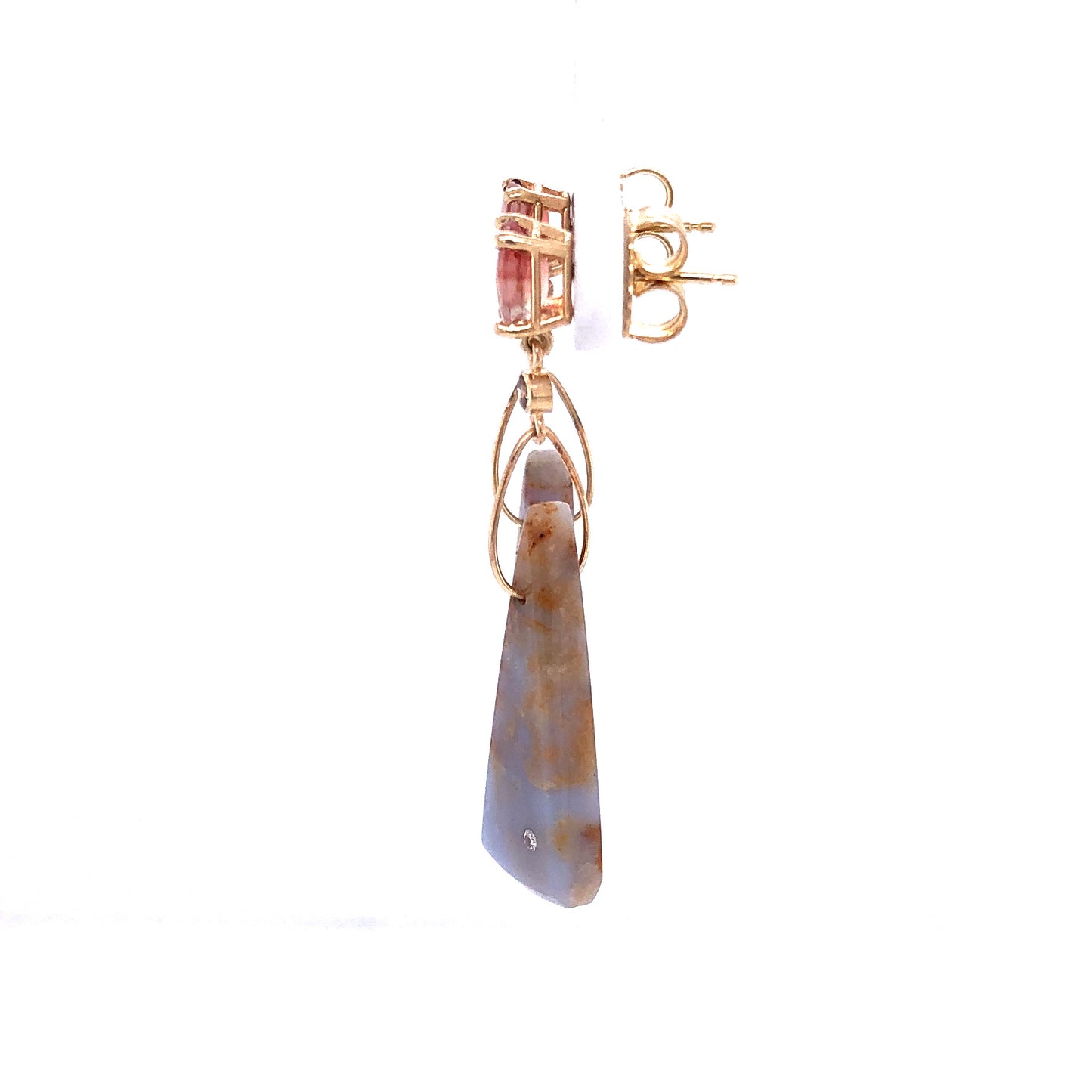 Blue Chalcedony, Sunstone, and Diamond Gold Earrings