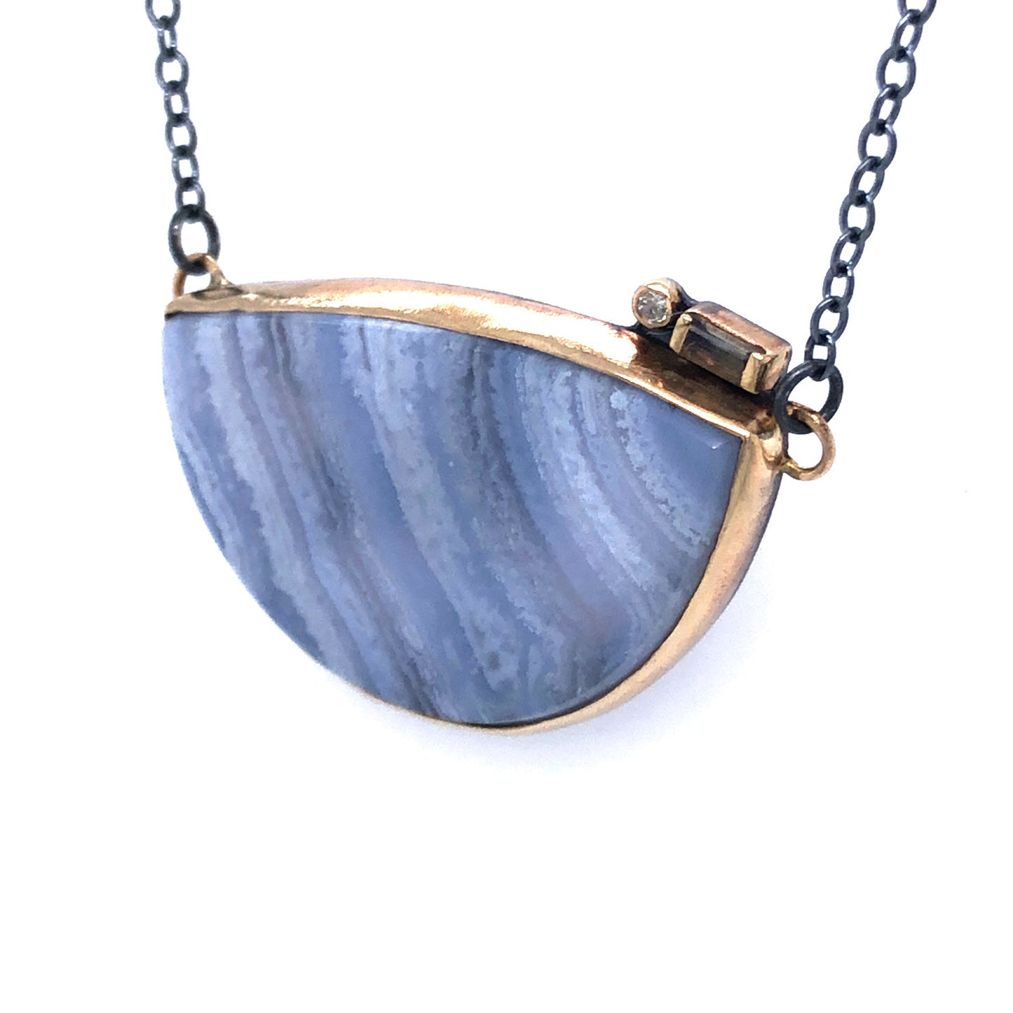 Blue Lace Agate, Andalusite, and Diamond Gibbous Moon Gold Necklace