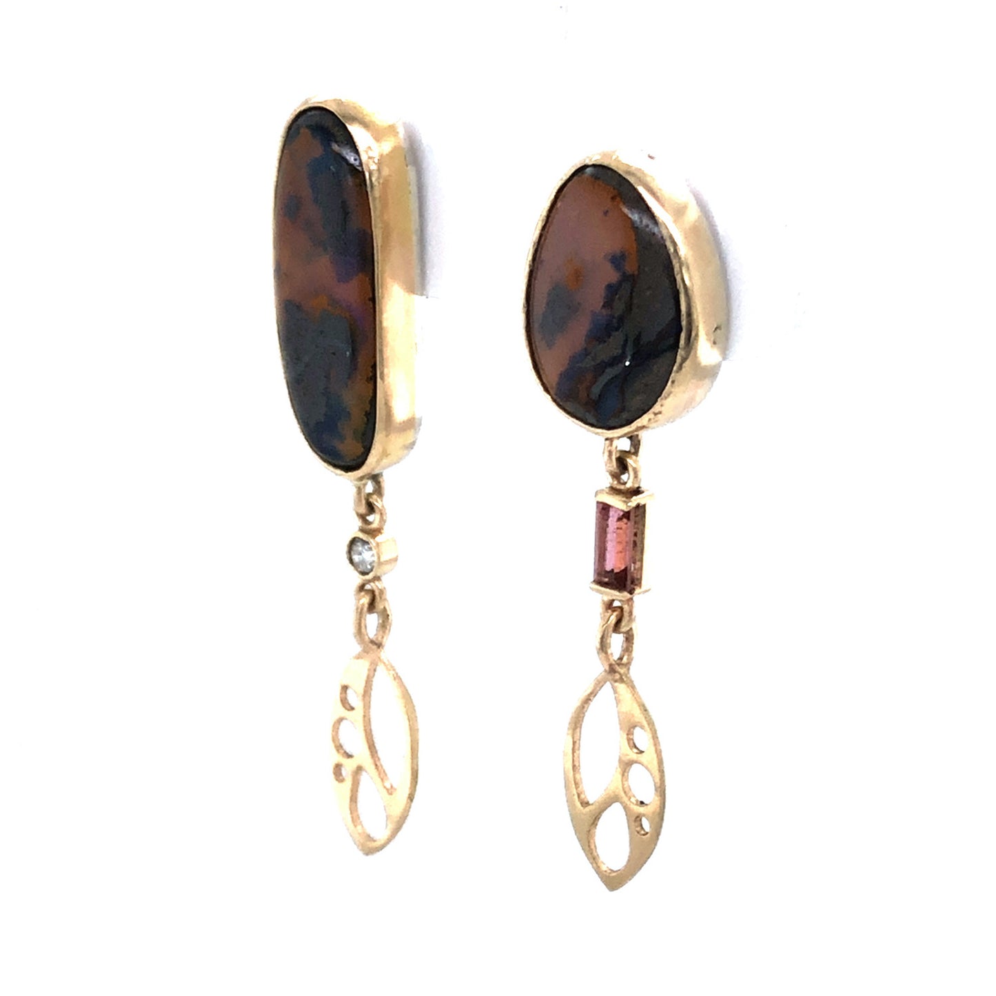 Boulder Opal, Tourmaline, and Diamond Gold Earrings