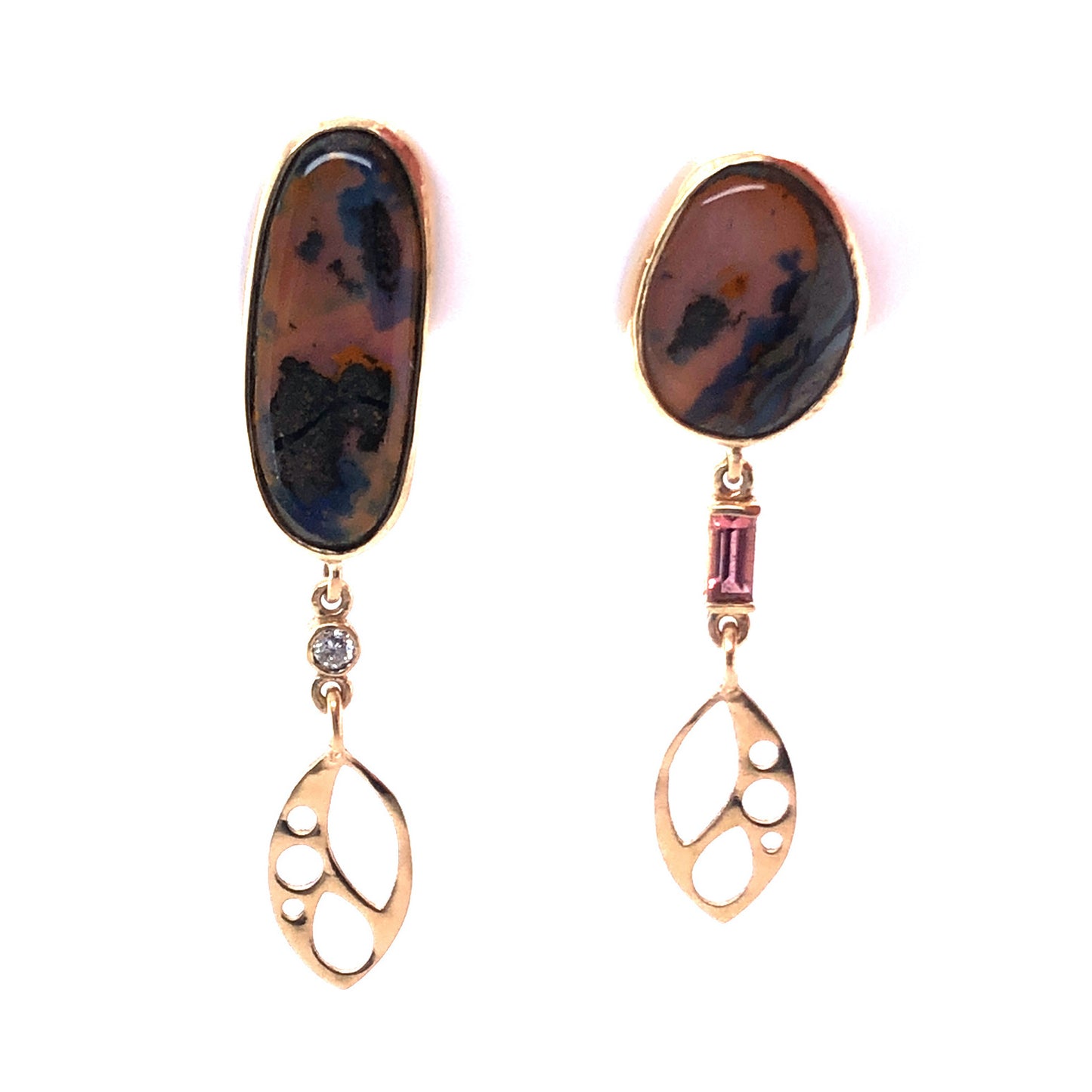 Boulder Opal, Tourmaline, and Diamond Gold Earrings