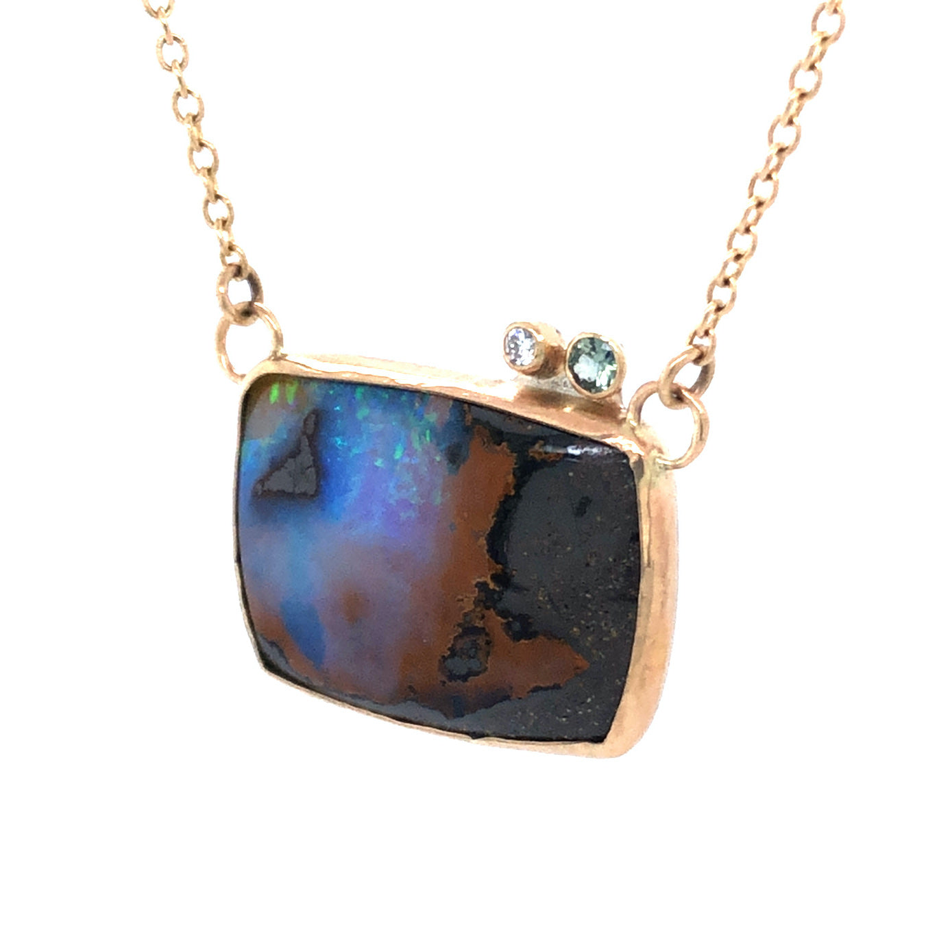 Boulder Opal, Montana Sapphire, Diamond and Gold Necklace