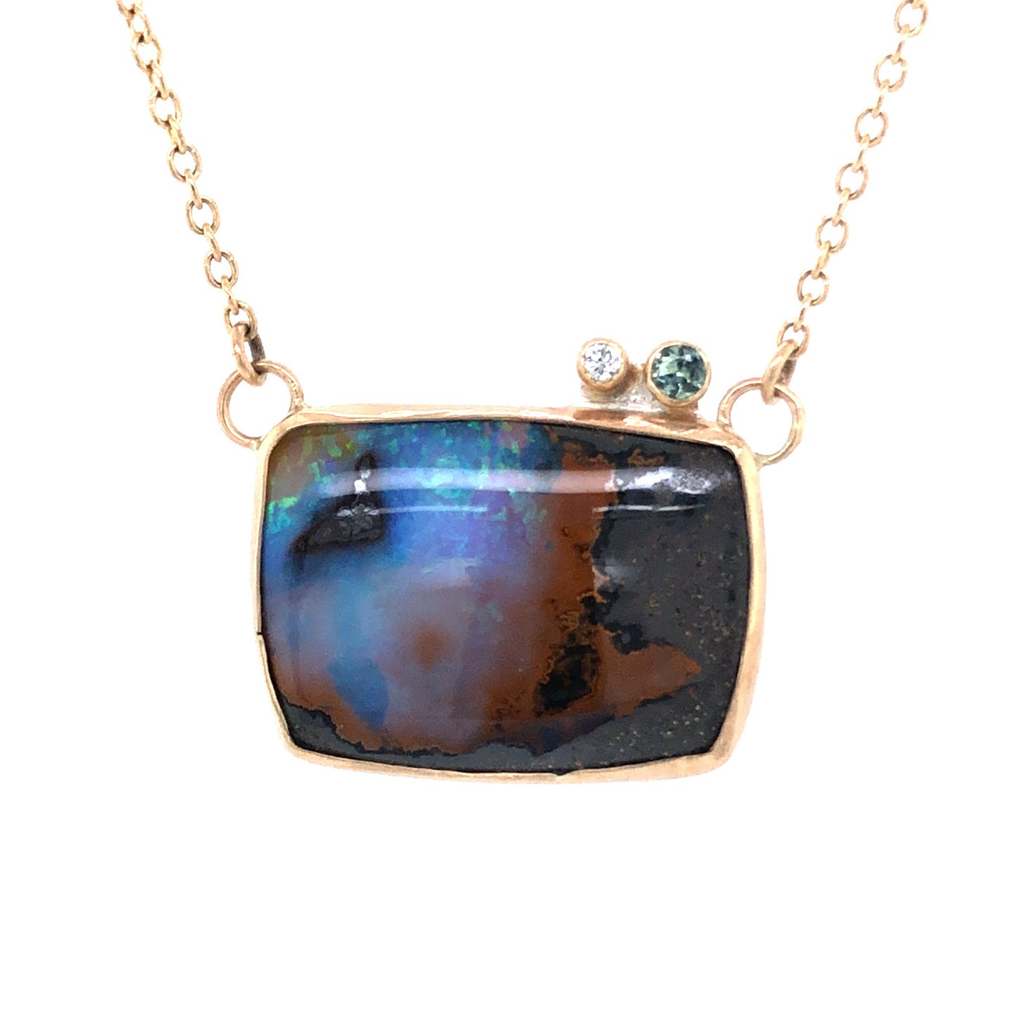Boulder Opal, Montana Sapphire, Diamond and Gold Necklace