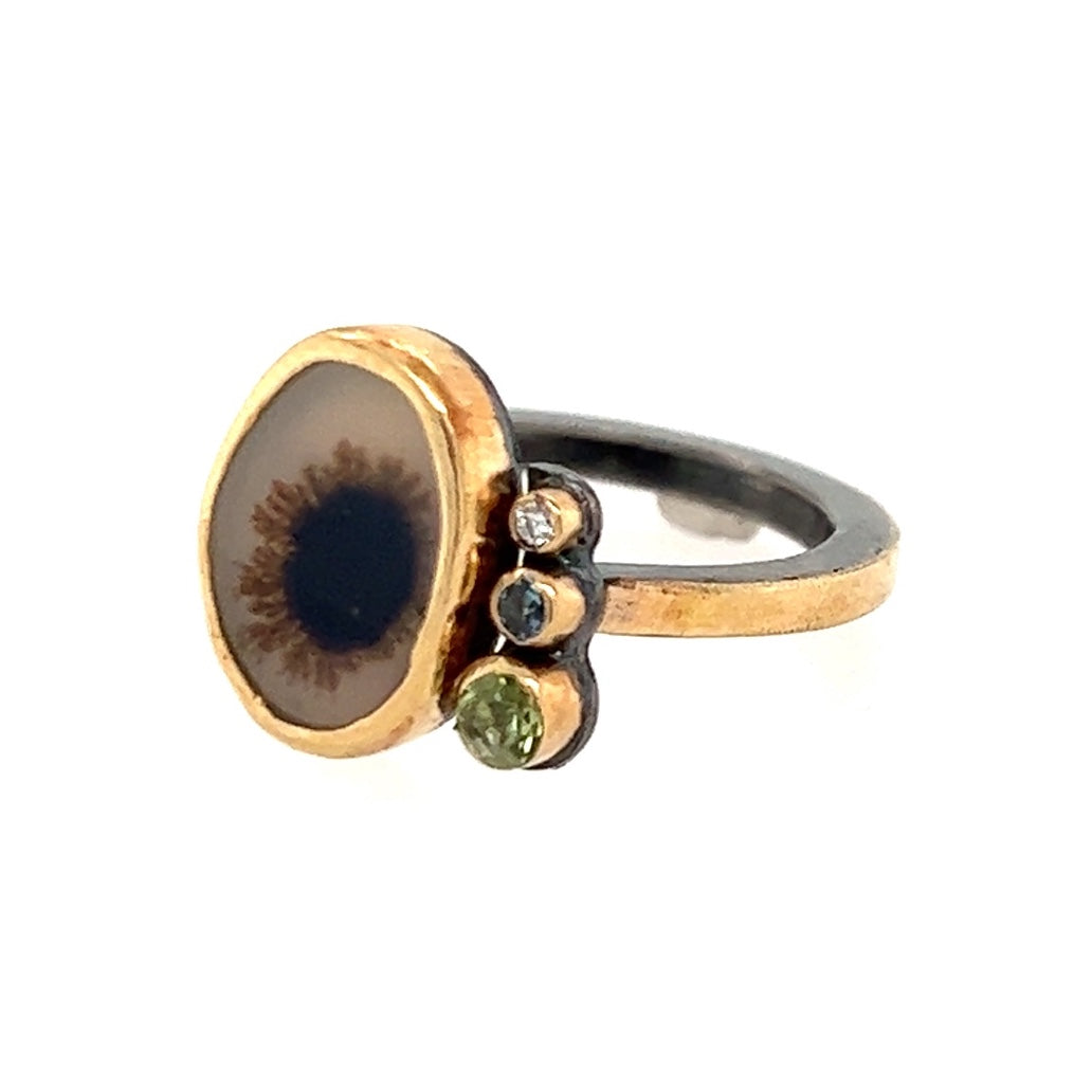 Dendritic Agate, Peridot, Sapphire and Diamond Gold Ring