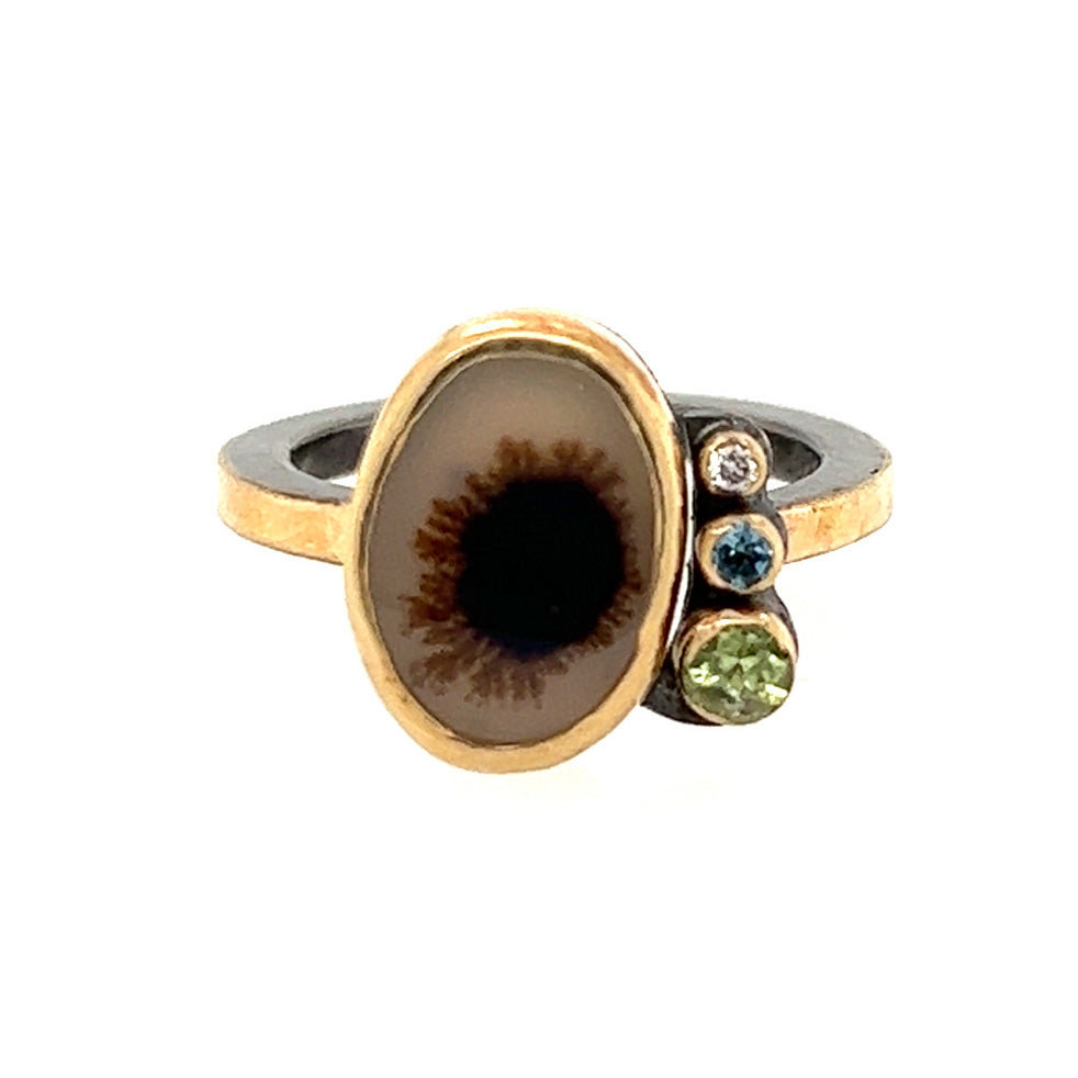 Dendritic Agate, Peridot, Sapphire and Diamond Gold Ring