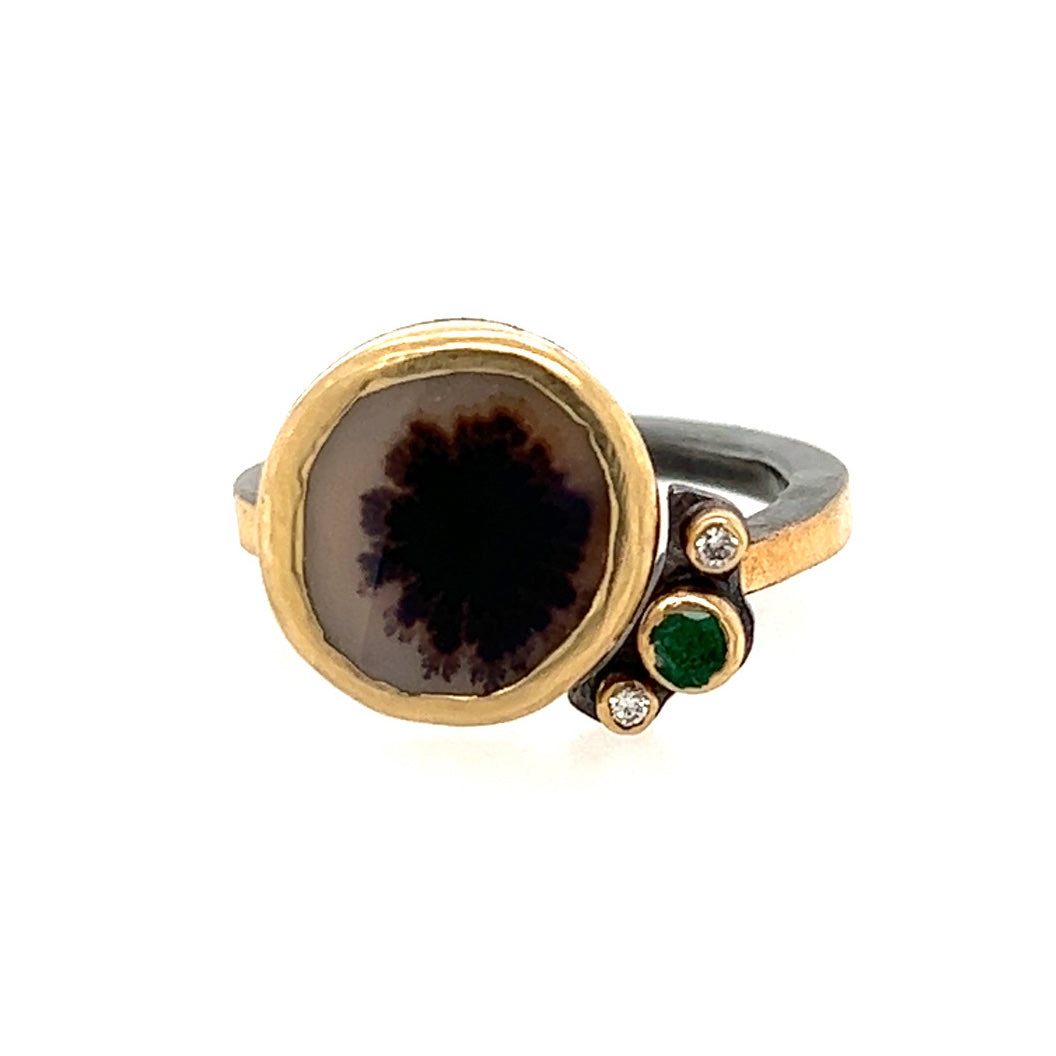Dendritic Agate, Emerald, and Diamond Gold Ring