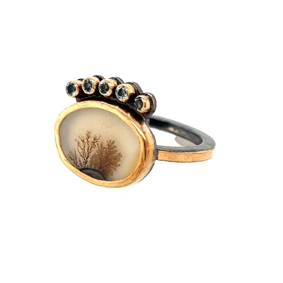 Dendritic Agate, Aquamarine, and Diamond Gold Ring
