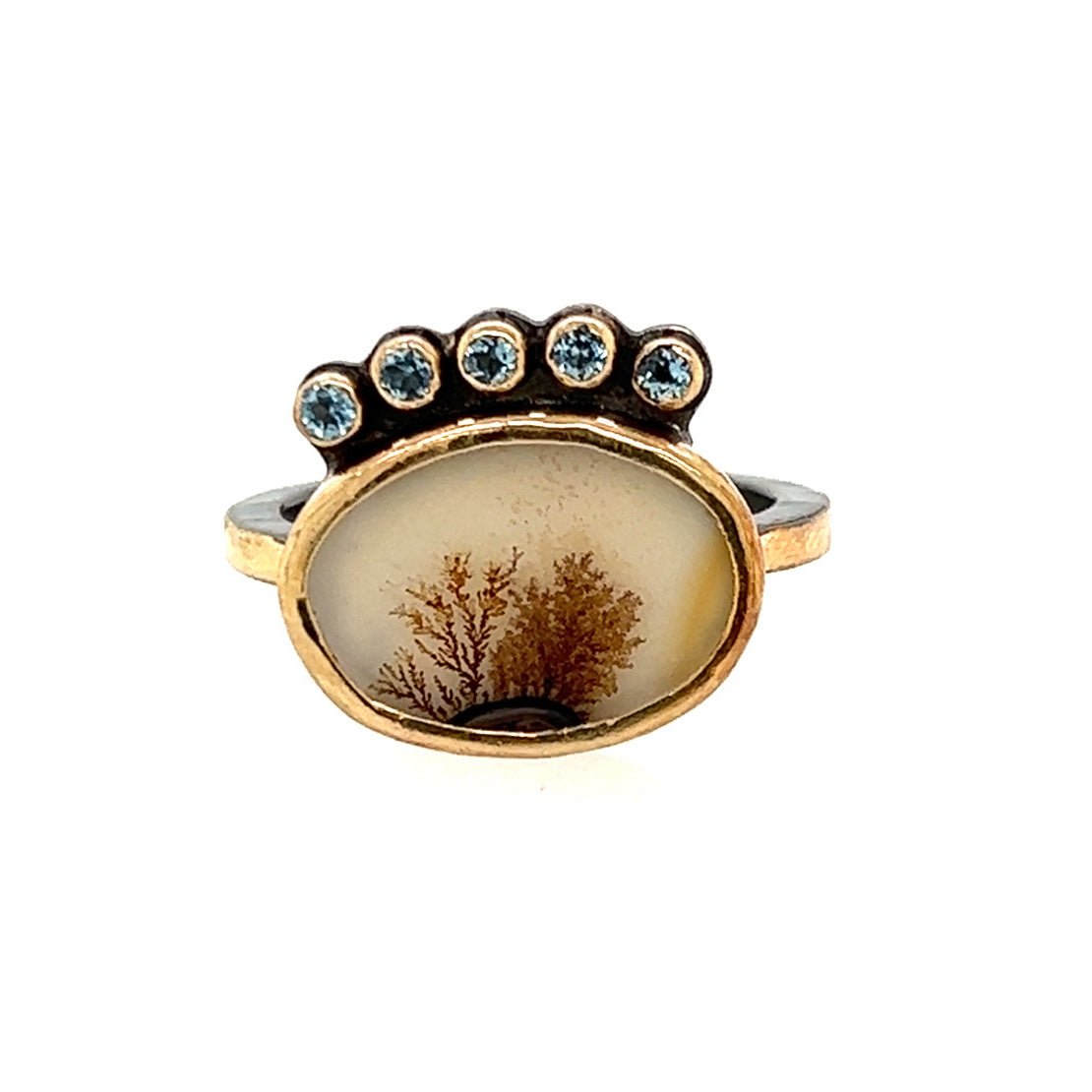 Dendritic Agate, Aquamarine, and Diamond Gold Ring