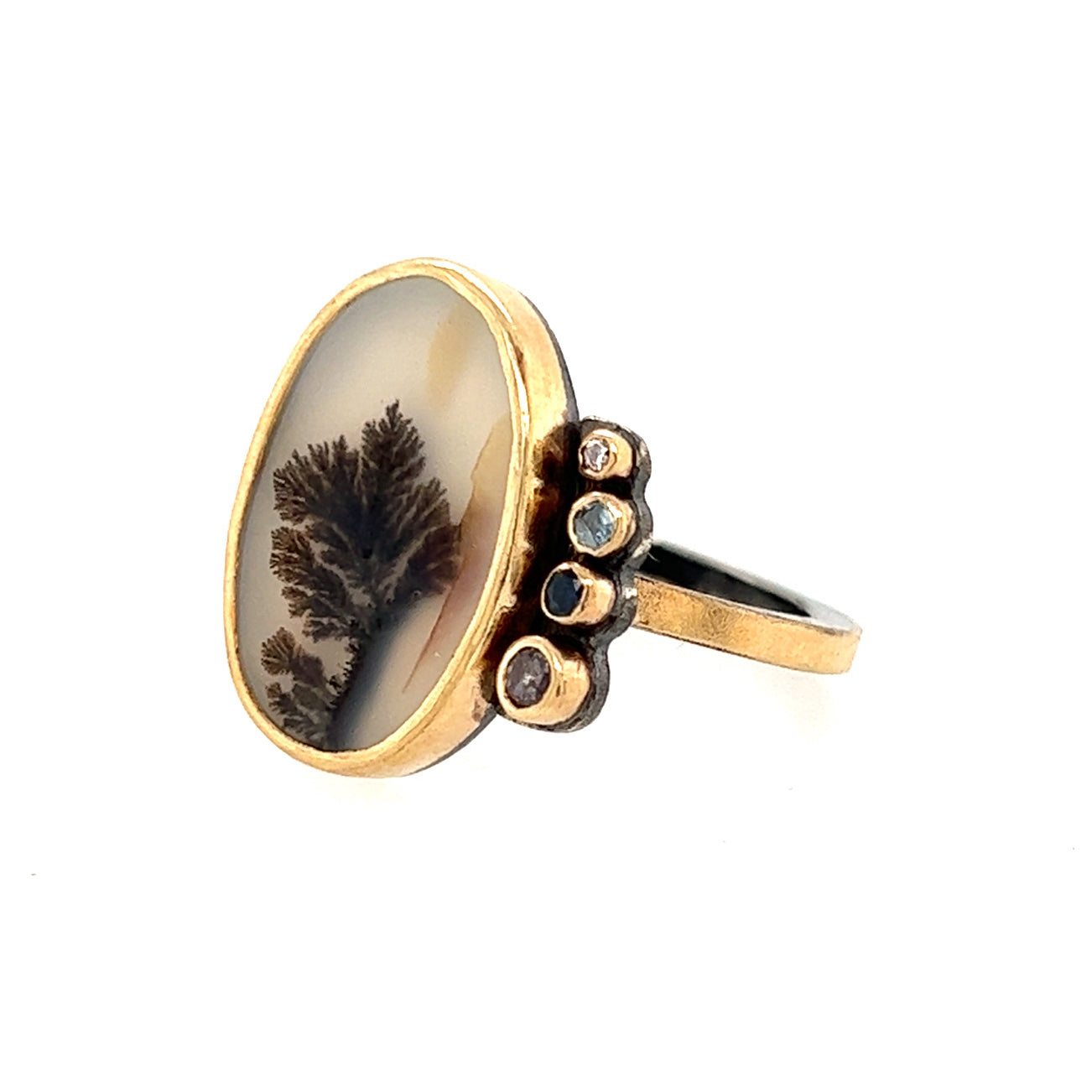 Dendritic Agate, Aquamarine, Sapphire, and Diamond Gold Ring