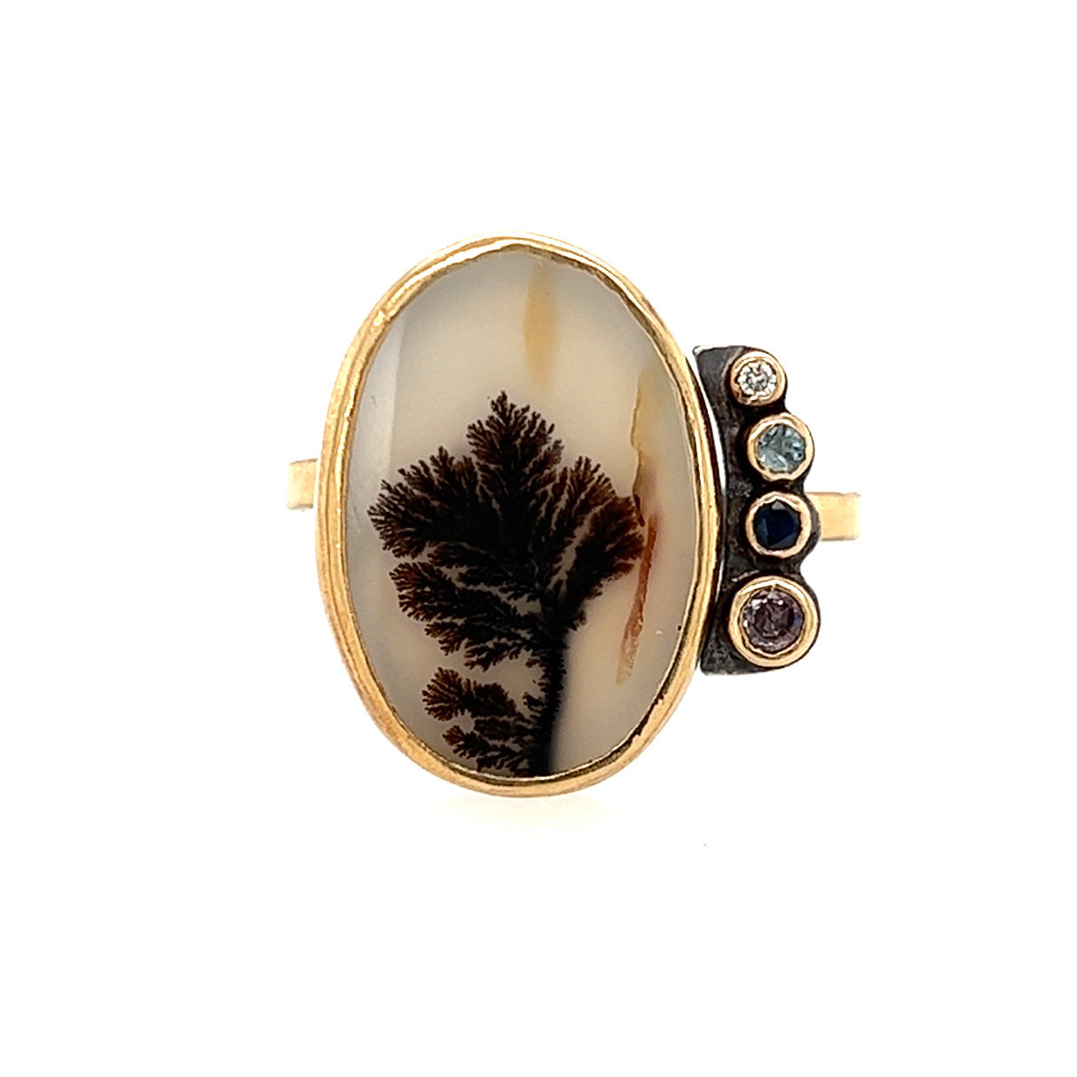 Dendritic Agate, Aquamarine, Sapphire, and Diamond Gold Ring