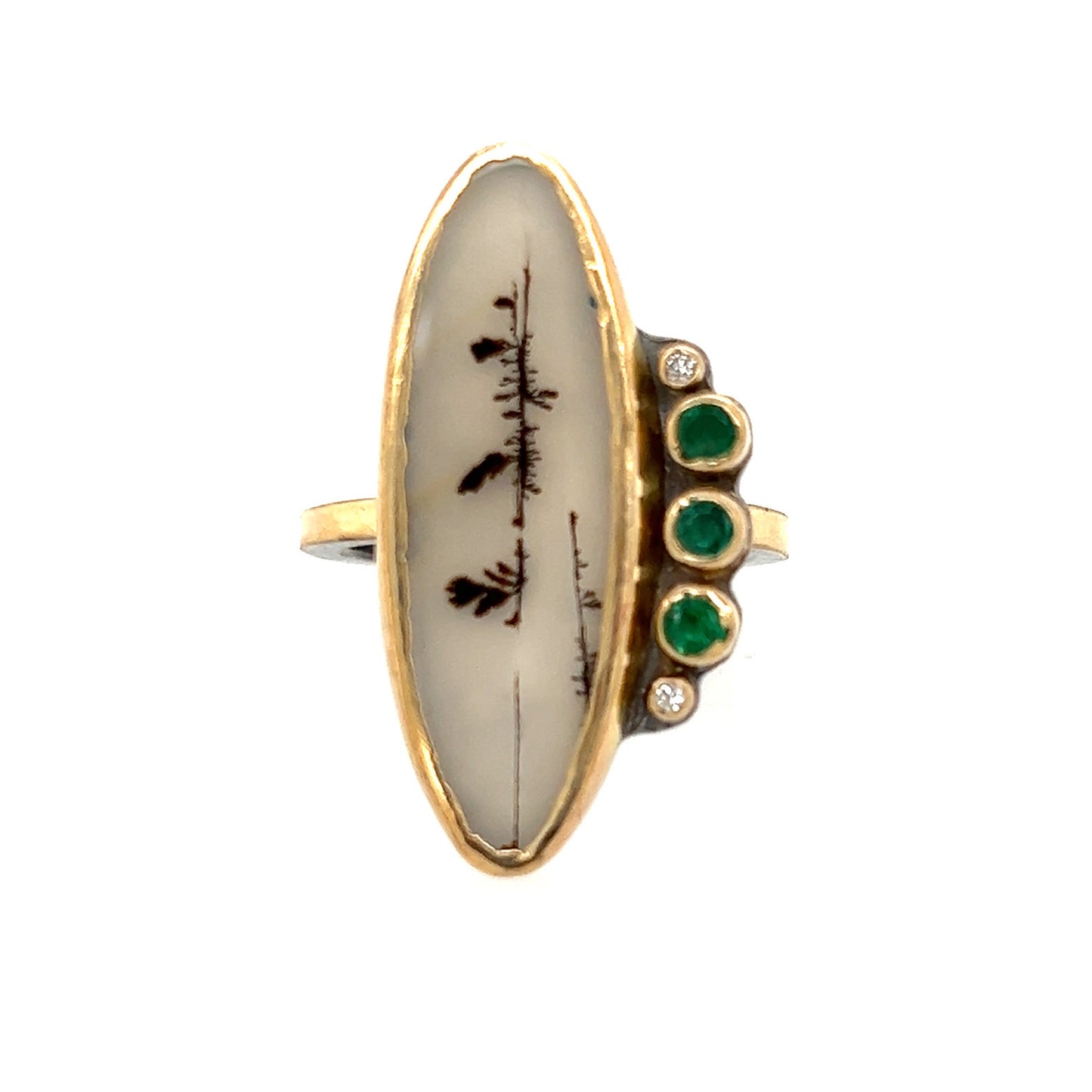 Dendritic Agate, Emerald, and Diamond Gold Ring