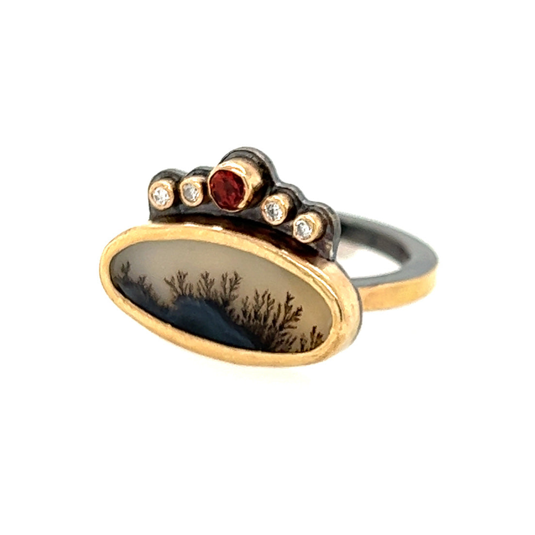 Dendritic Agate, Garnet, and Diamond Gold Ring