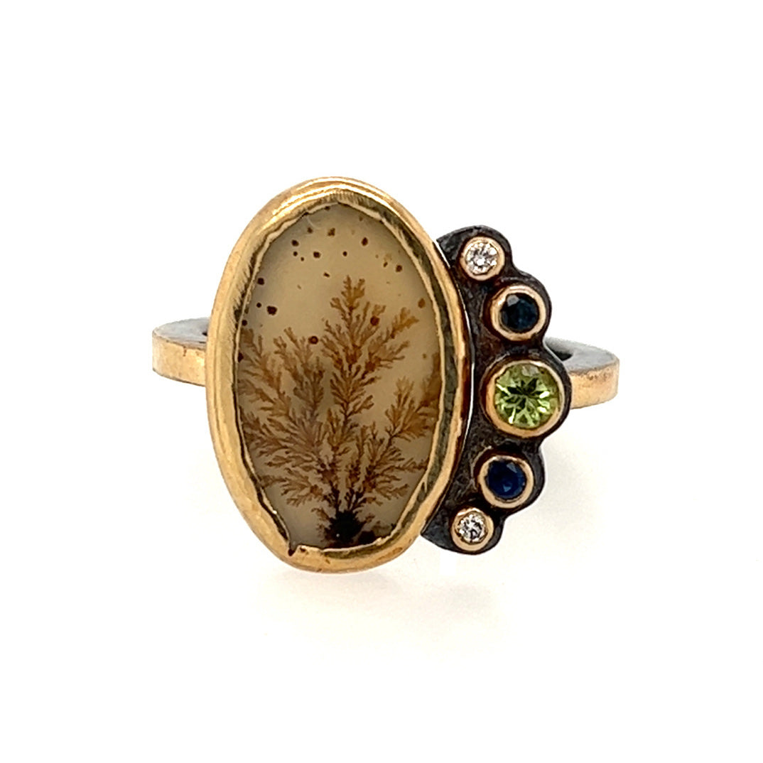 Dendritic Agate, Sapphire, Peridot, and Diamond Gold Ring