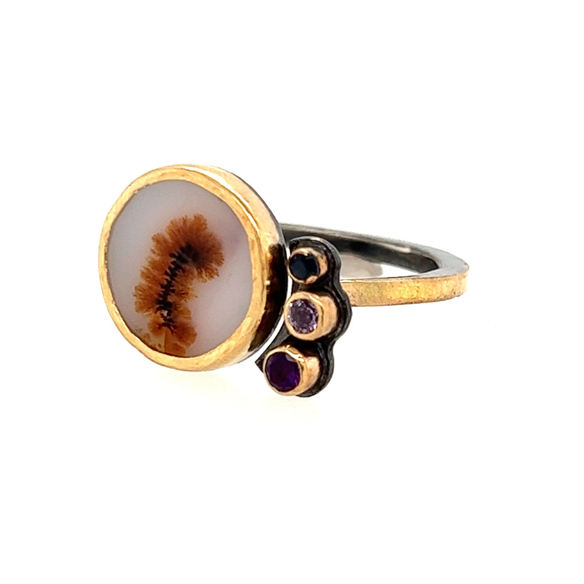 Dendritic Agate, Amethyst, Sapphire and Diamond Gold Ring