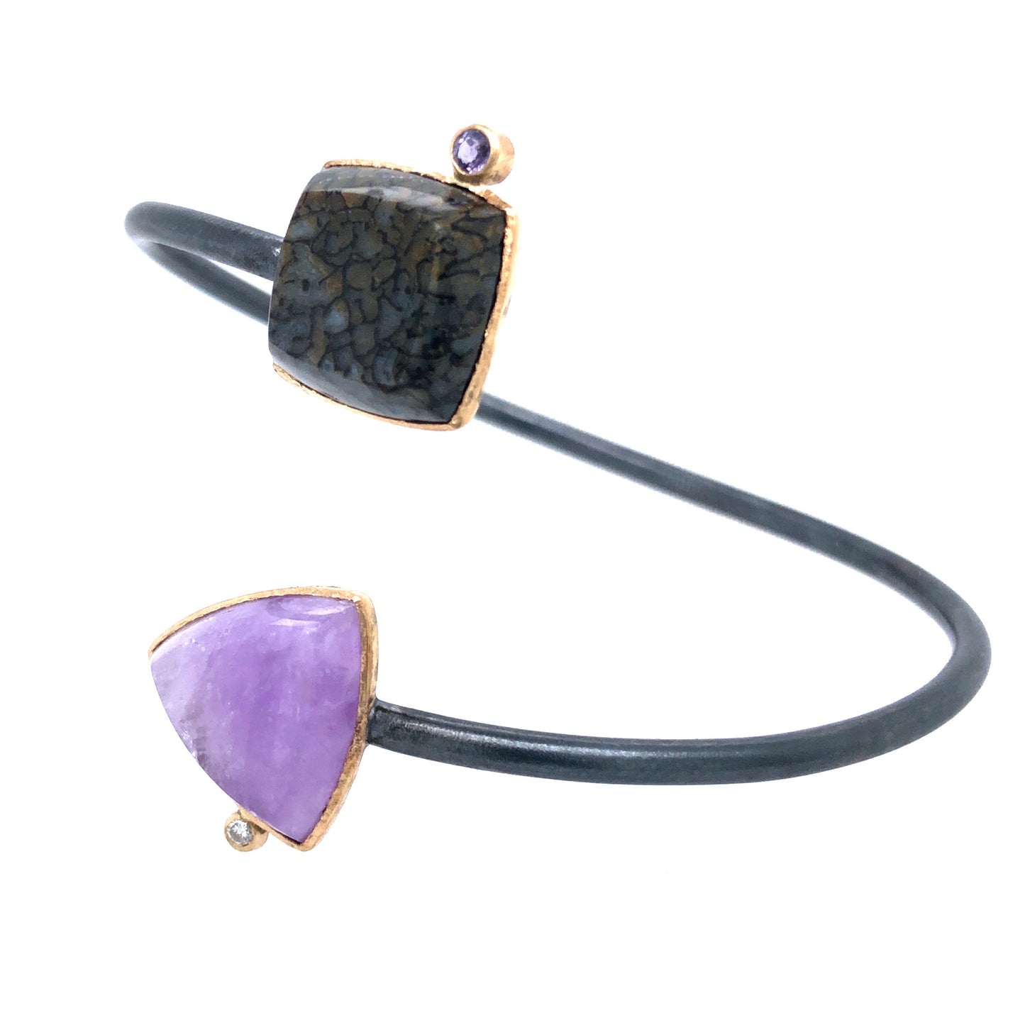 Dinosaur Bone, Amethyst, Diamond, and Sapphire Bracelet, Handmade in 14k Gold and Sterling Silver