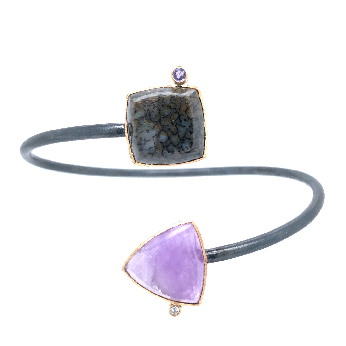 Dinosaur Bone, Amethyst, Diamond, and Sapphire Bracelet, Handmade in 14k Gold and Sterling Silver