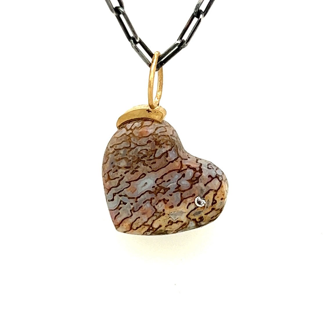 Dinosaur Bone and Diamond Gold Heart Pendant