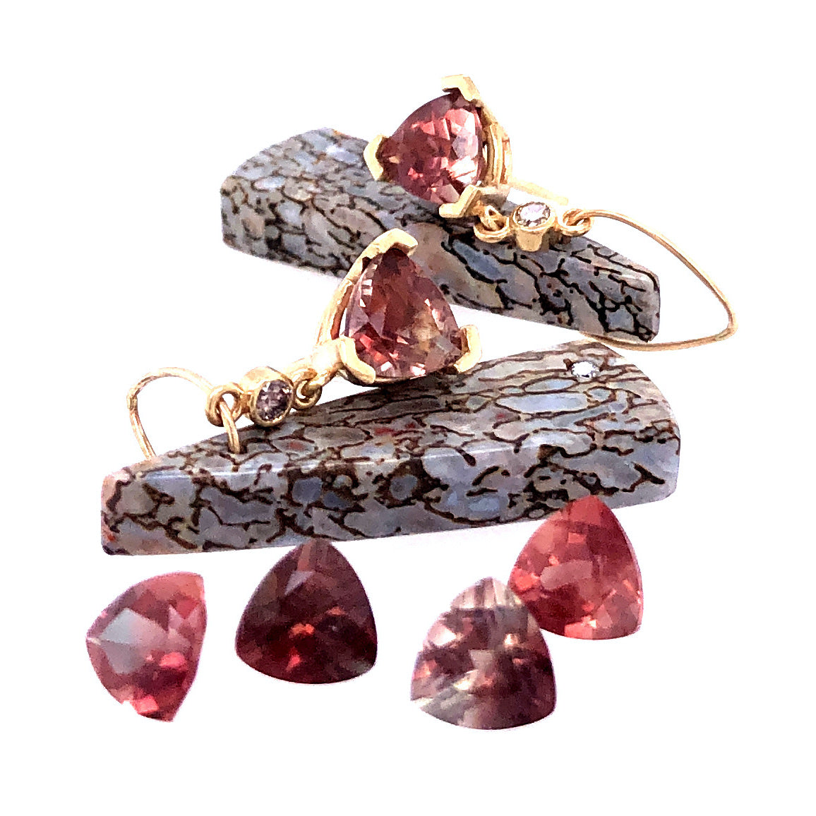 Sunstone, Dinosaur Bone, and Diamond Gold Earrings (custom order)