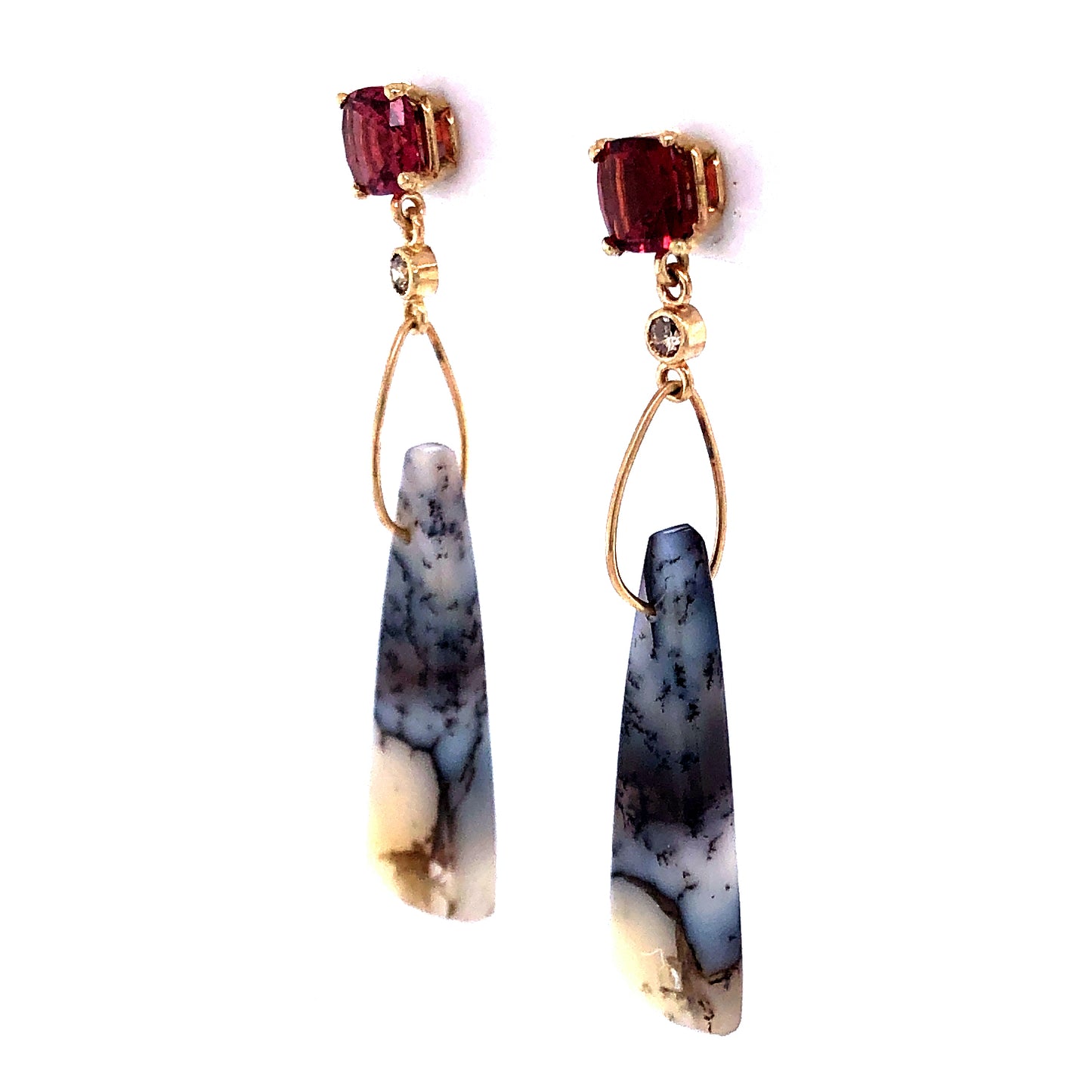 Garnet, Dendritic Opal, and Diamond Gold Earrings