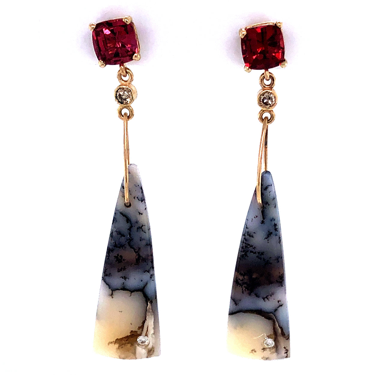 Garnet, Dendritic Opal, and Diamond Gold Earrings