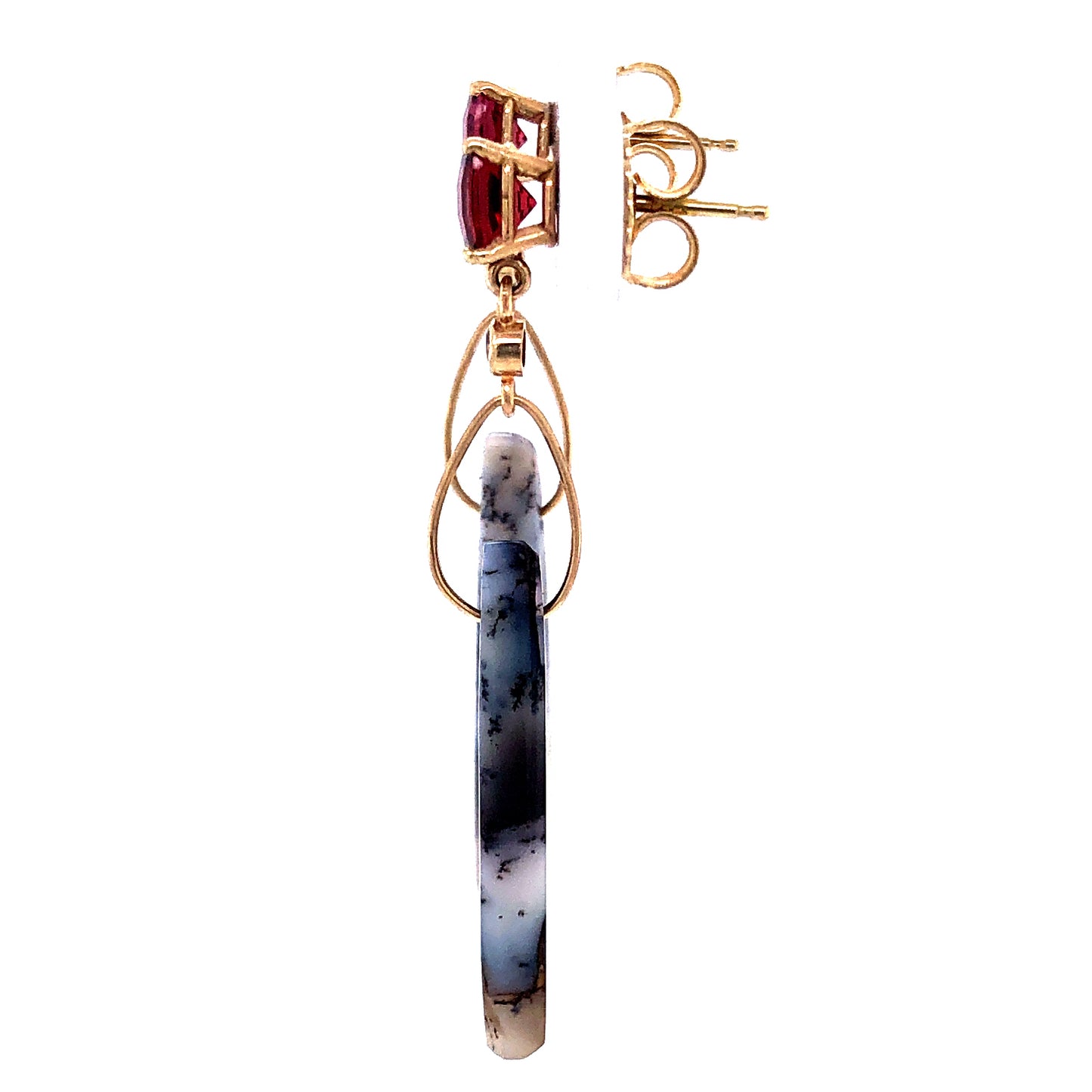 Garnet, Dendritic Opal, and Diamond Gold Earrings