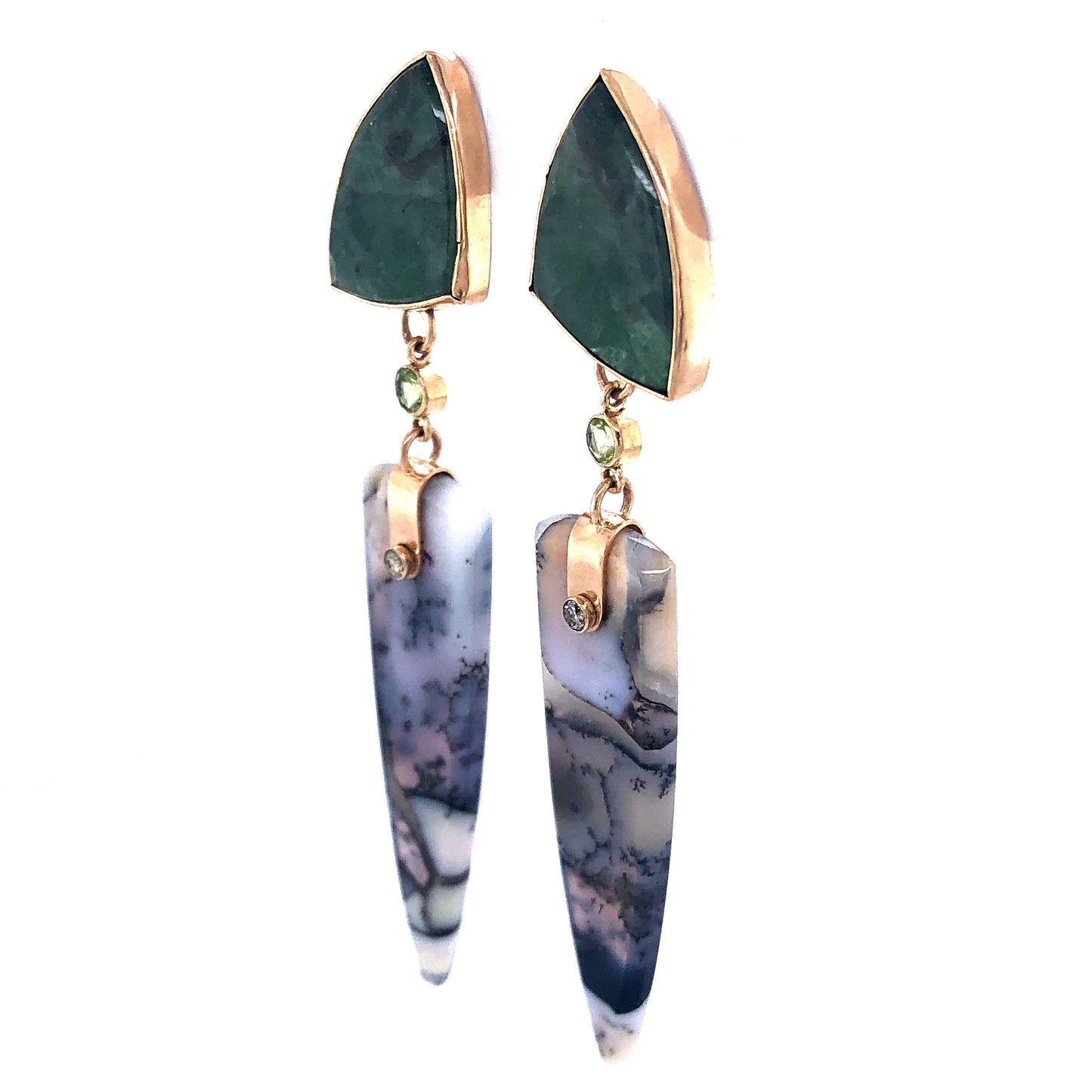 Emerald, Peridot, and Dendritic Opal Gold Earrings