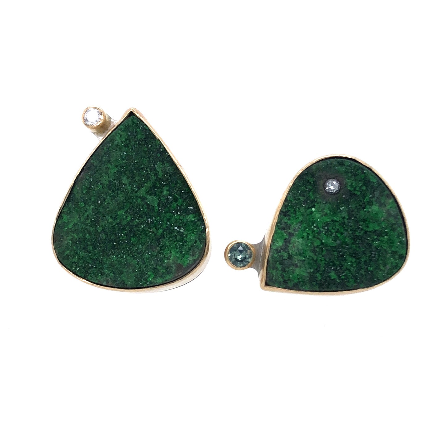 Uvarovite Garnet, Montana Sapphire, and Diamond Gold Earrings