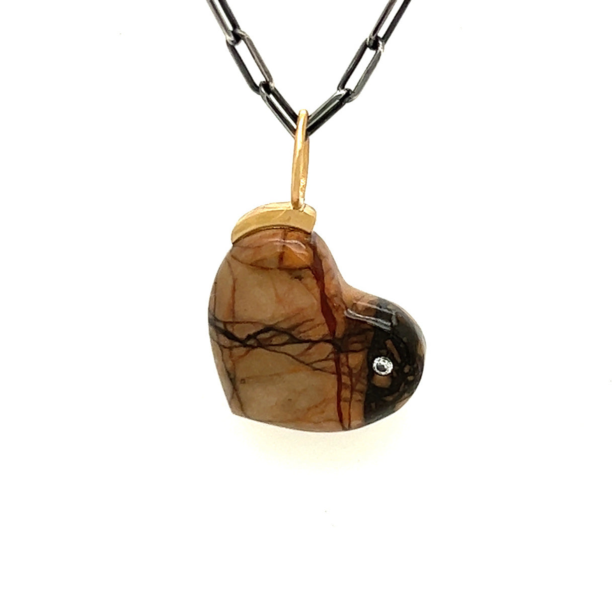 Hematite Jasper and Diamond Gold Heart Pendant