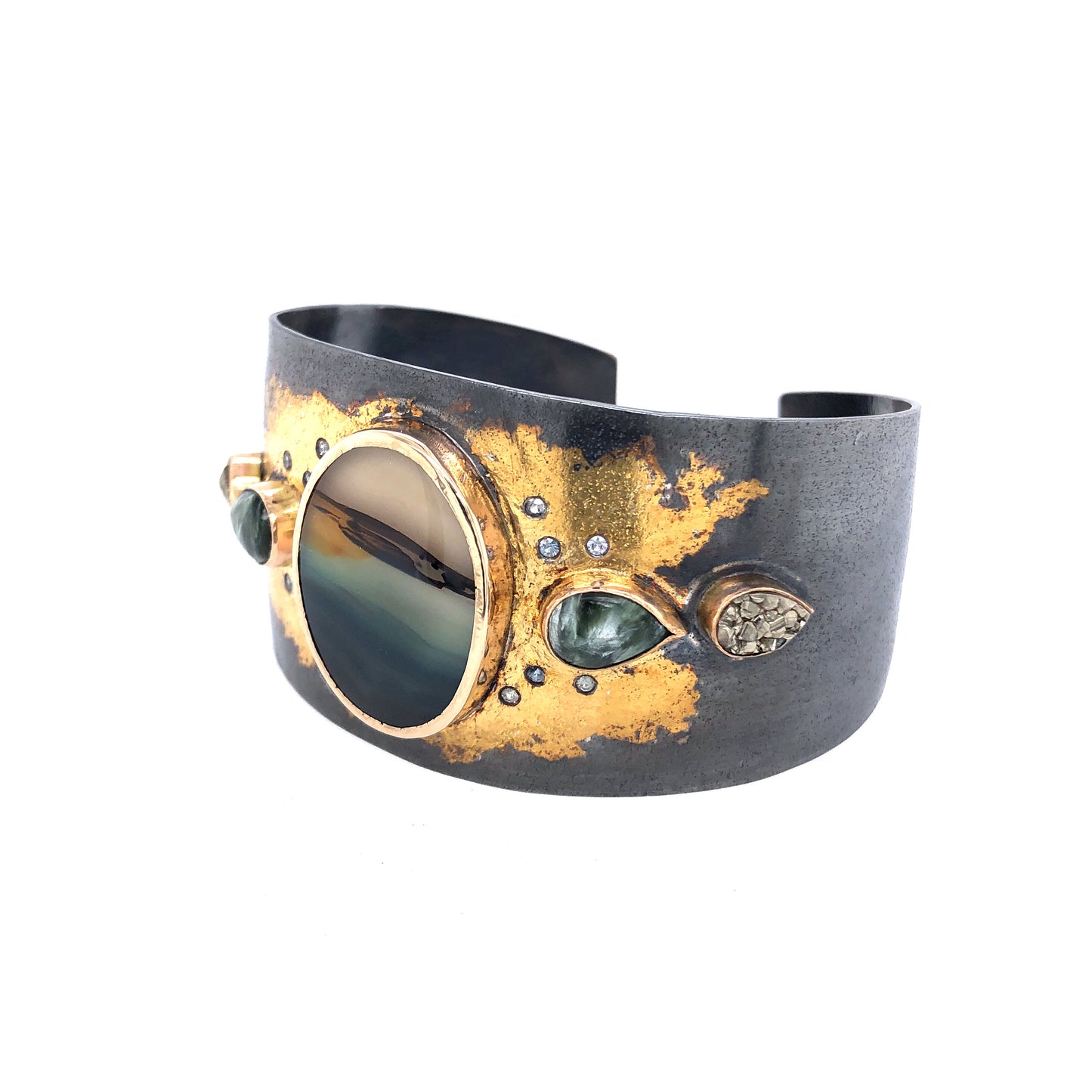 Landscape Agate and Montana Sapphire Cuff Bracelet, Handmade in 14k Gold and Sterling Silver