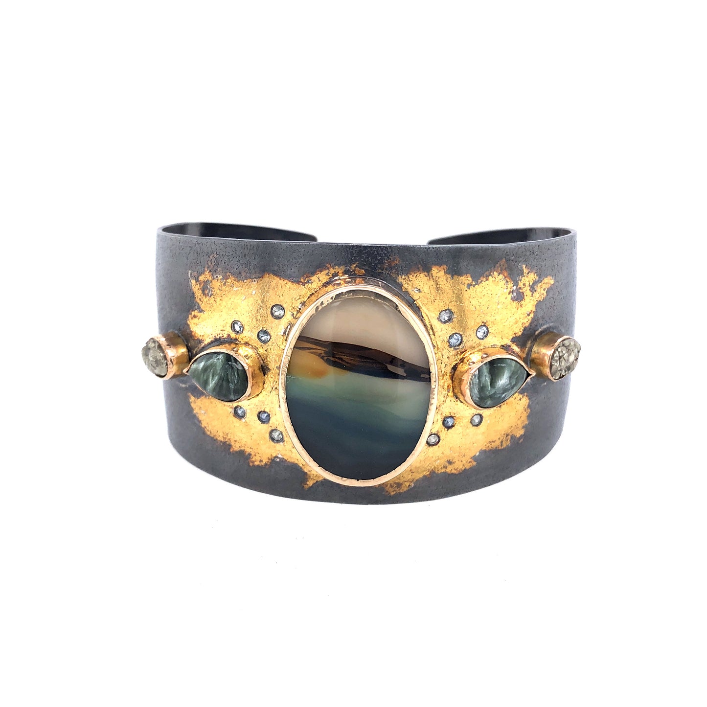 Landscape Agate and Montana Sapphire Cuff Bracelet, Handmade in 14k Gold and Sterling Silver