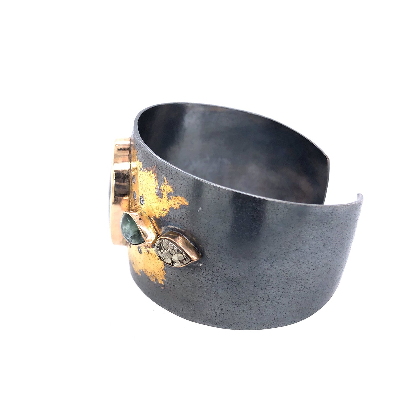 Landscape Agate and Montana Sapphire Cuff Bracelet, Handmade in 14k Gold and Sterling Silver