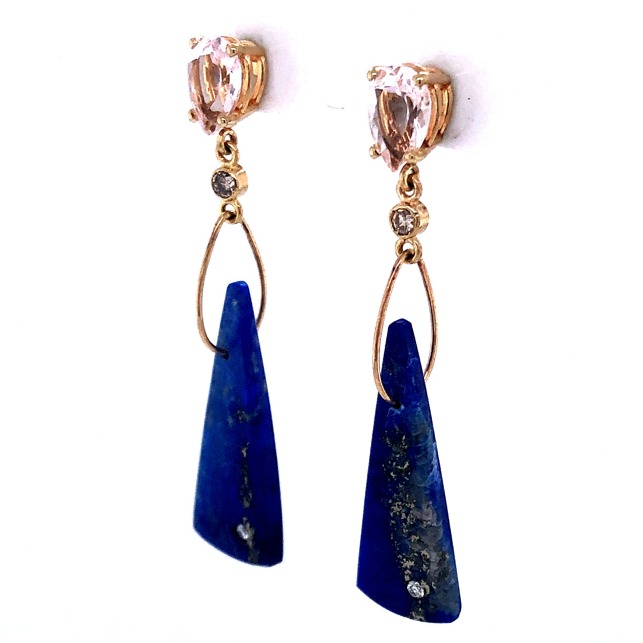 Morganite, Lapis, and Diamond Gold Earrings