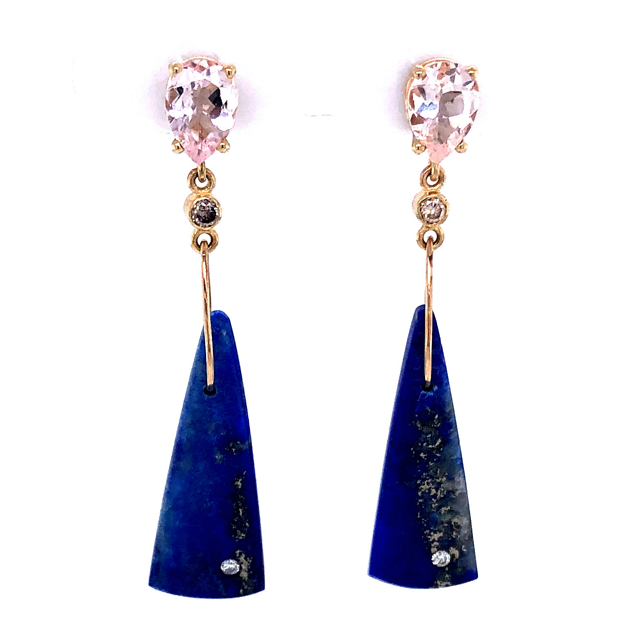 Morganite, Lapis, and Diamond Gold Earrings