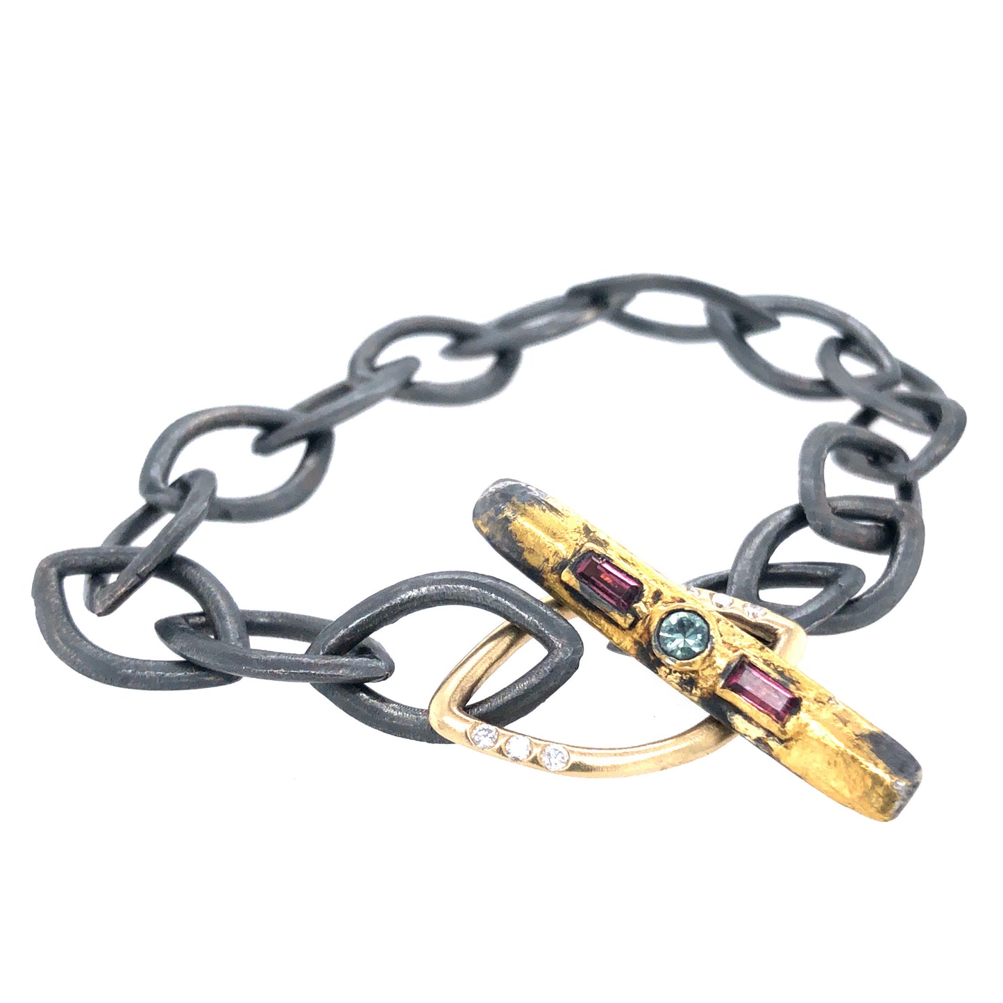 Gold and Silver Marquise Link Bracelet with Diamonds, Montana Sapphire, and Garnet