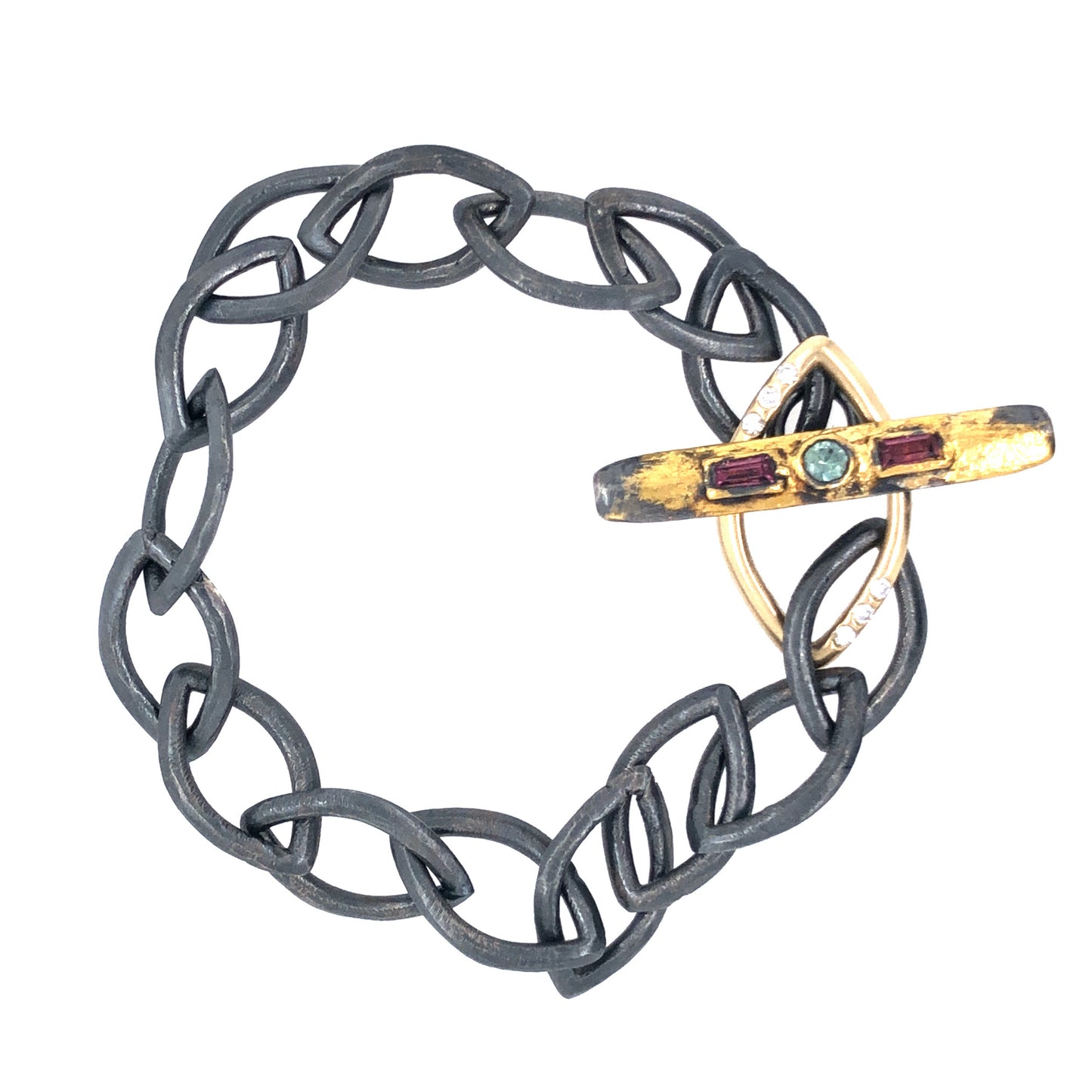 Gold and Silver Marquise Link Bracelet with Diamonds, Montana Sapphire, and Garnet