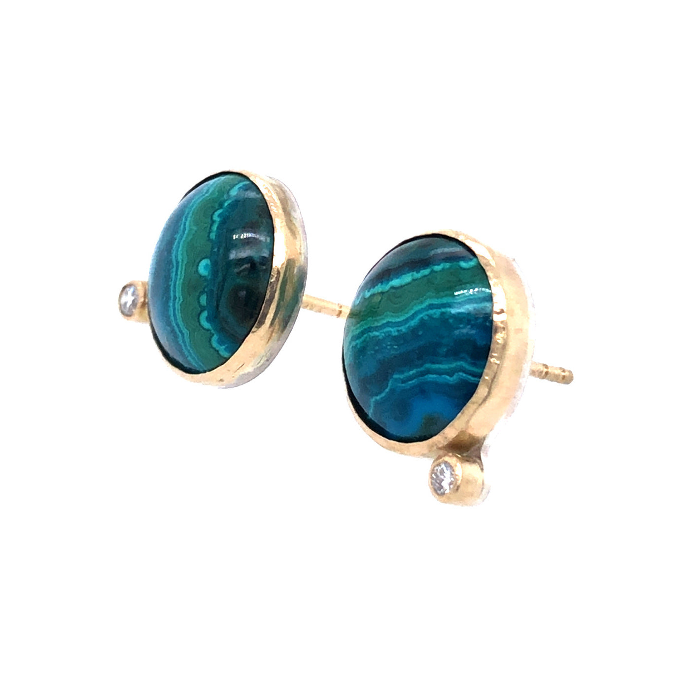 Azurite Malachite and Diamond Gold Stud Earrings