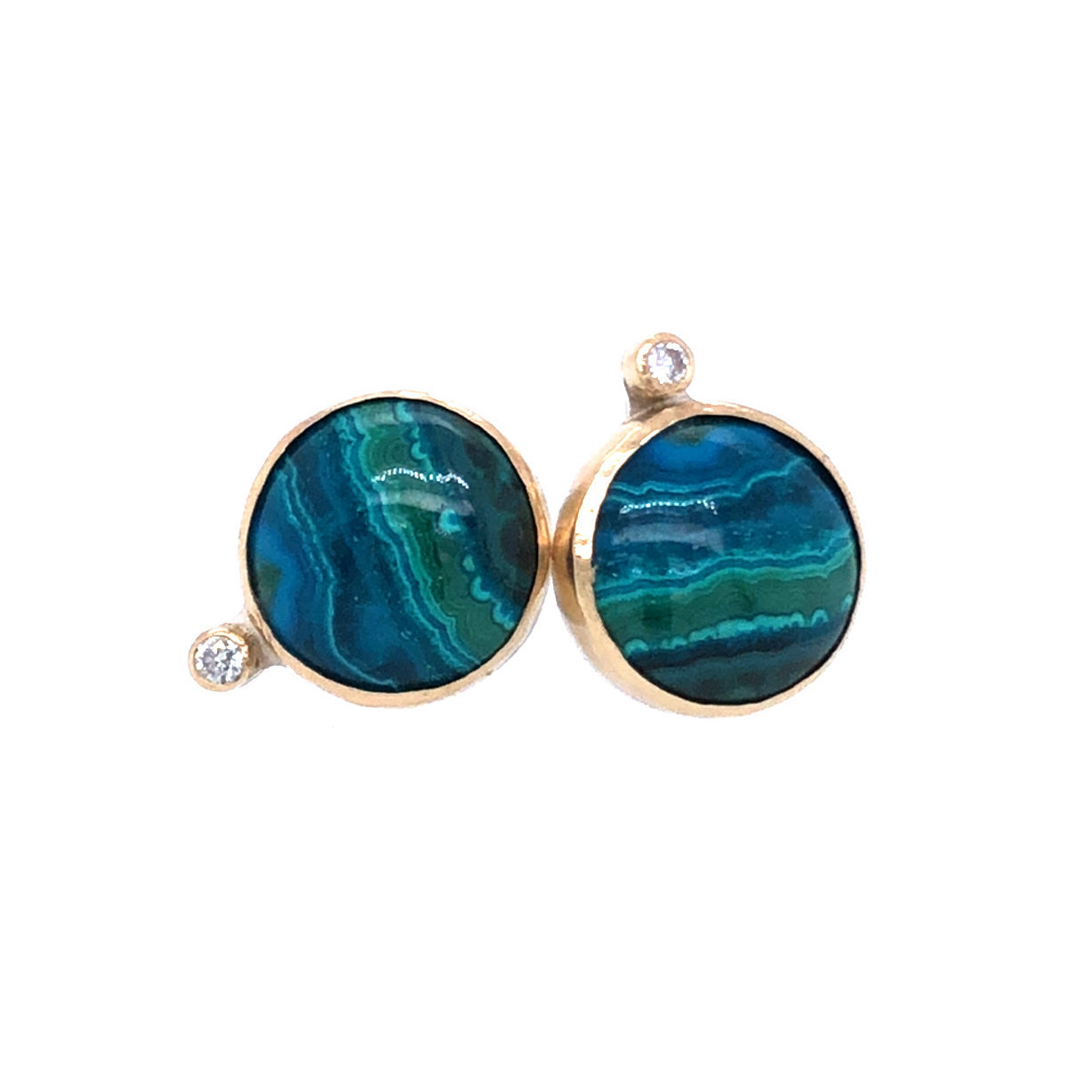 Azurite Malachite and Diamond Gold Stud Earrings