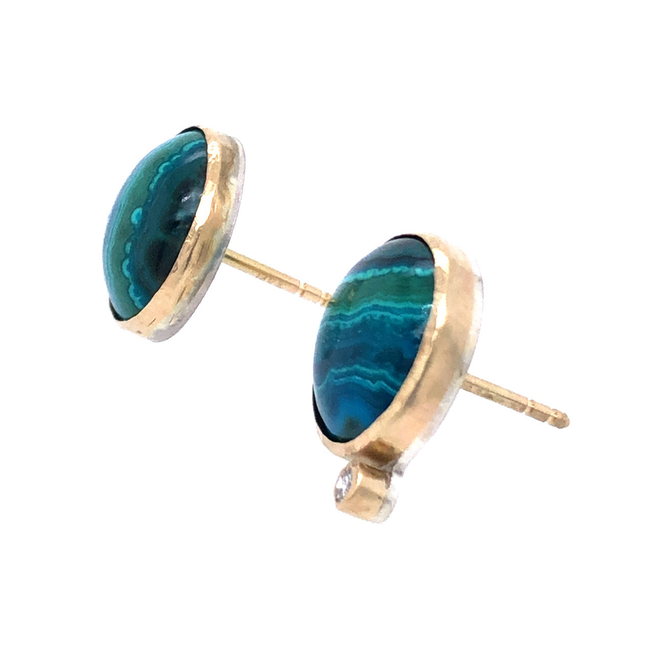 Azurite Malachite and Diamond Gold Stud Earrings