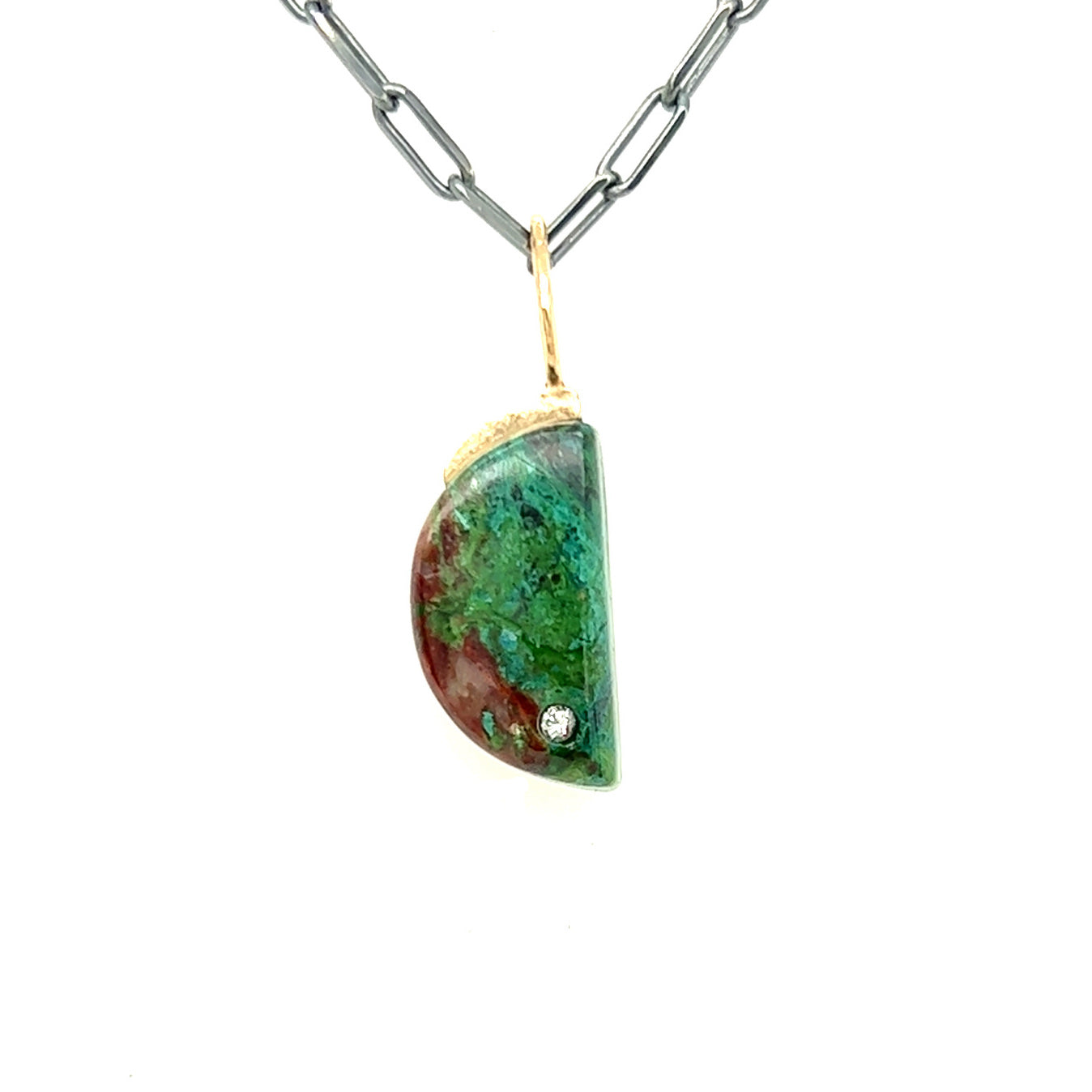 Parrot Wing Chrysocolla and Diamond Gold Moon Pendant