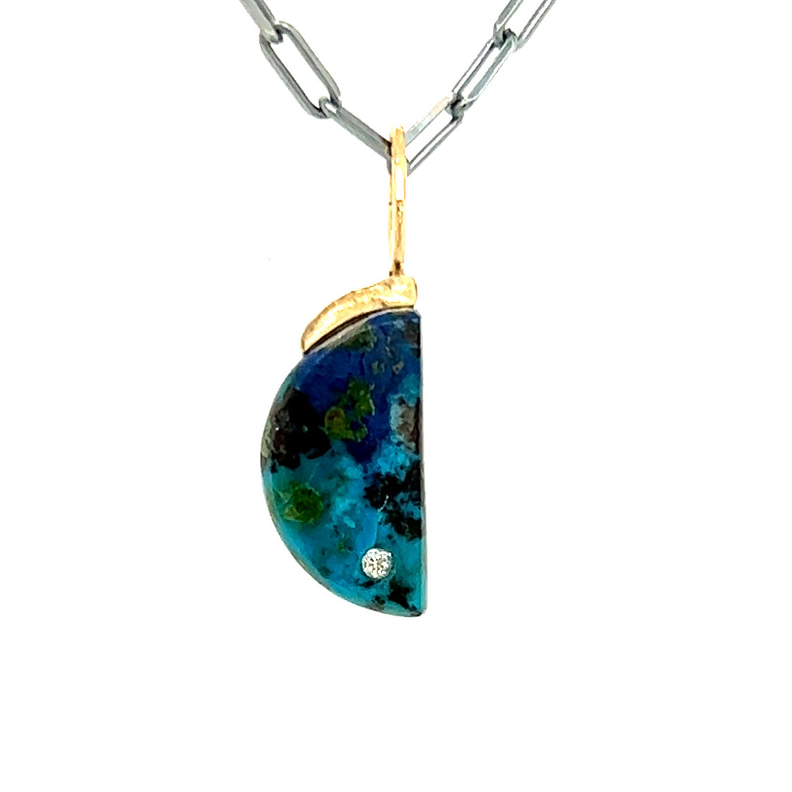 Shattuckite and Diamond Gold Moon Pendant