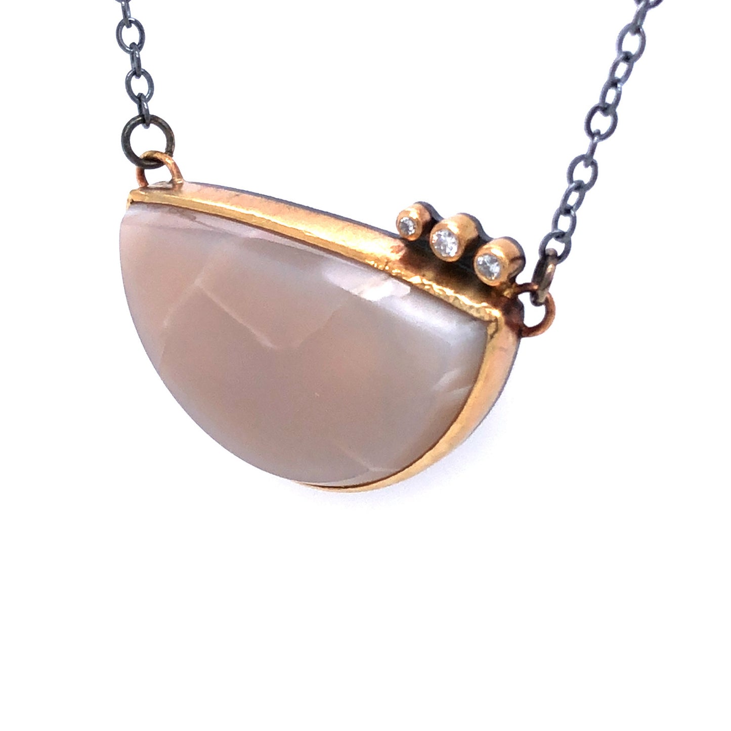 Moonstone and Diamond Gibbous Moon Gold Necklace