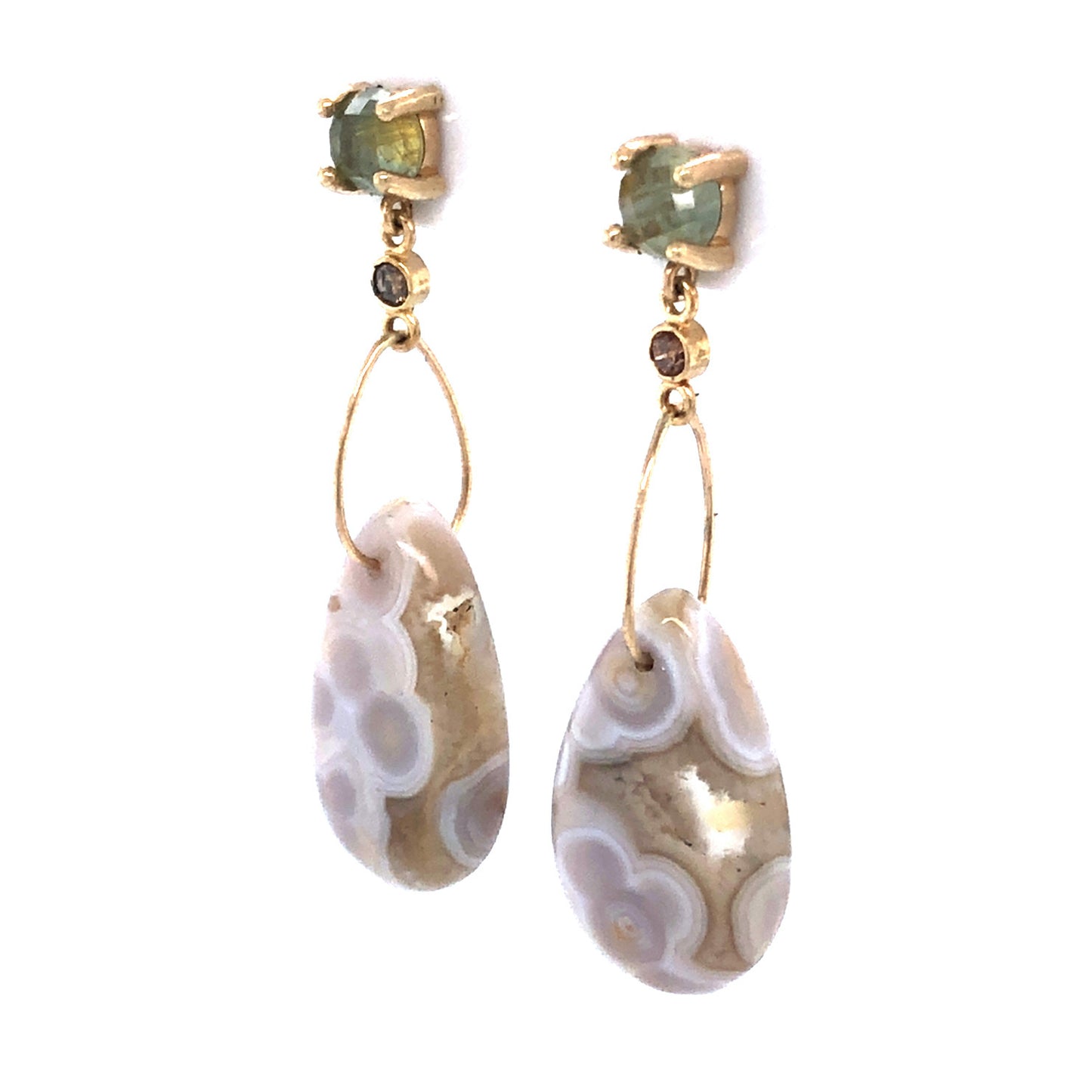 Montana sapphires, Diamonds, and Ocean Jasper Gold Earrings