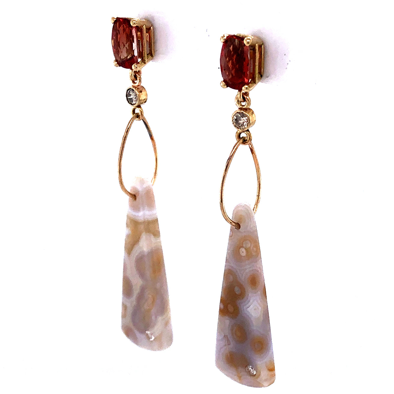 Sunstone, Ocean Jasper, and Diamond Gold Earrings