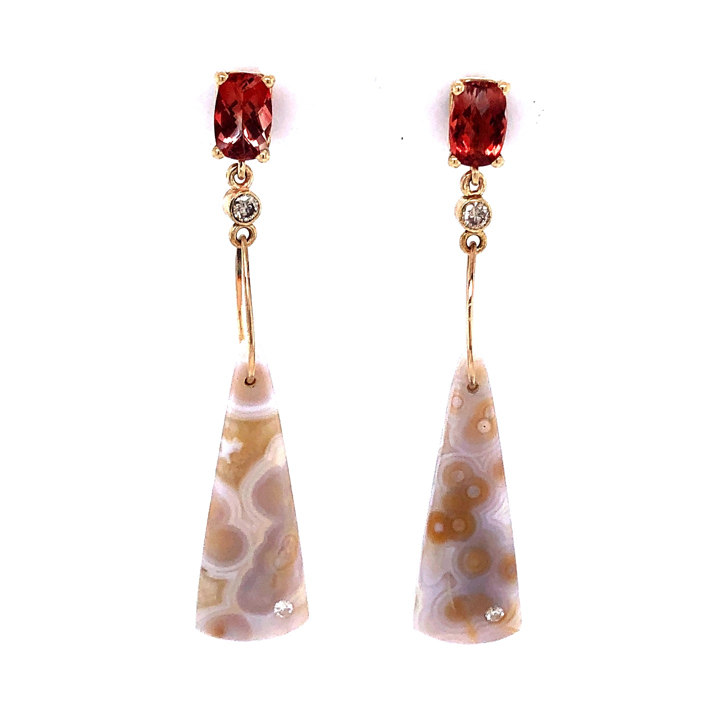 Sunstone, Ocean Jasper, and Diamond Gold Earrings