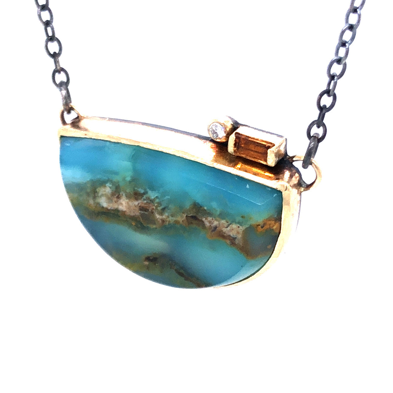 Opalized Wood, Citrine, and Diamond Gibbous Moon Gold Necklace