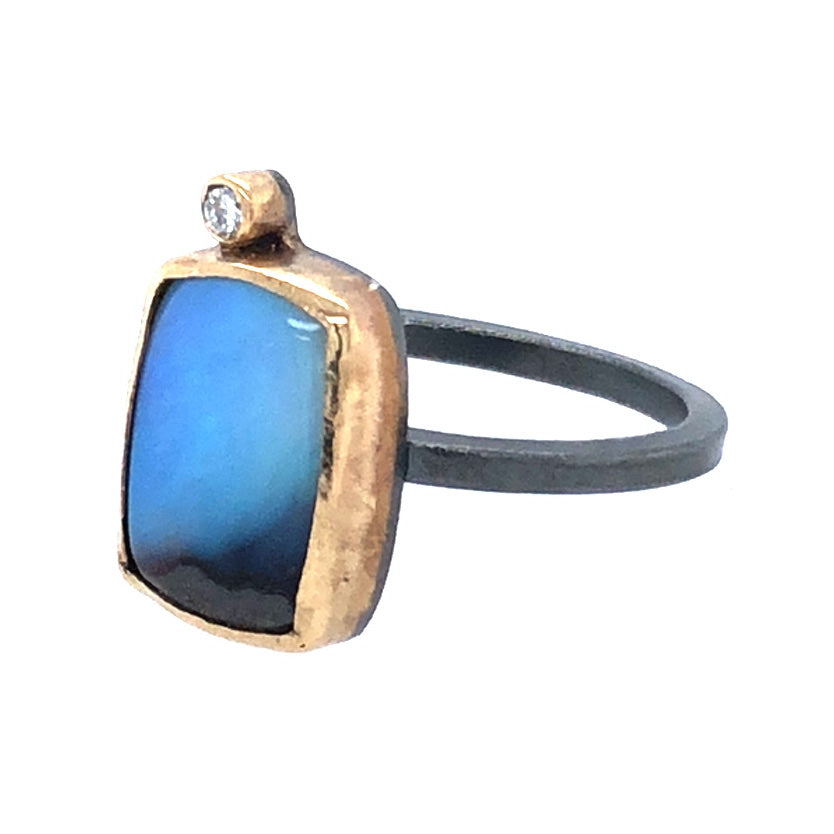 Blue Boulder Opal with Diamond Gold Ring