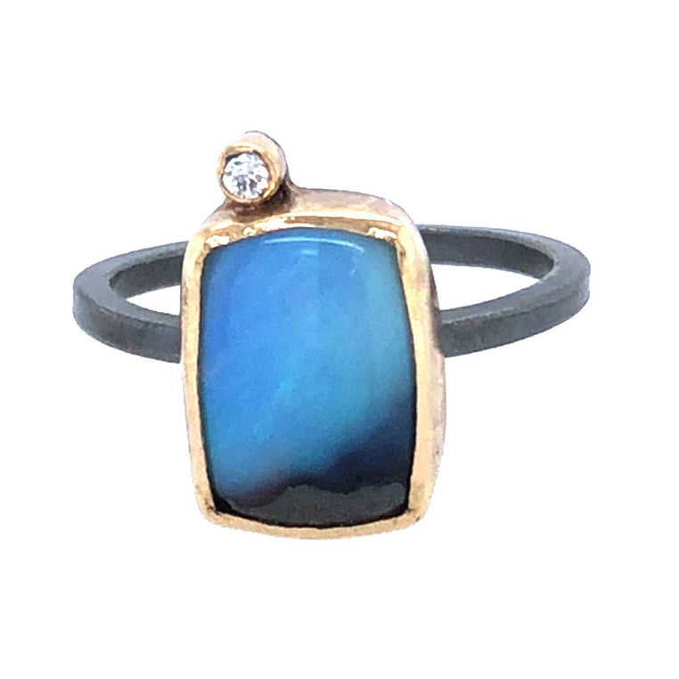Blue Boulder Opal with Diamond Gold Ring