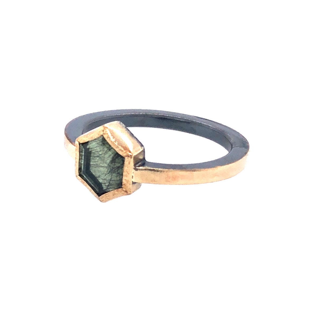 Peridot with Ludwigite Hexagon Gold Ring