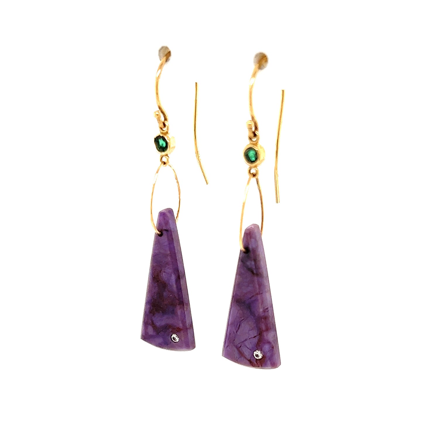 Purple Jade, Trapiche Emerald, and Diamond Gold Earrings